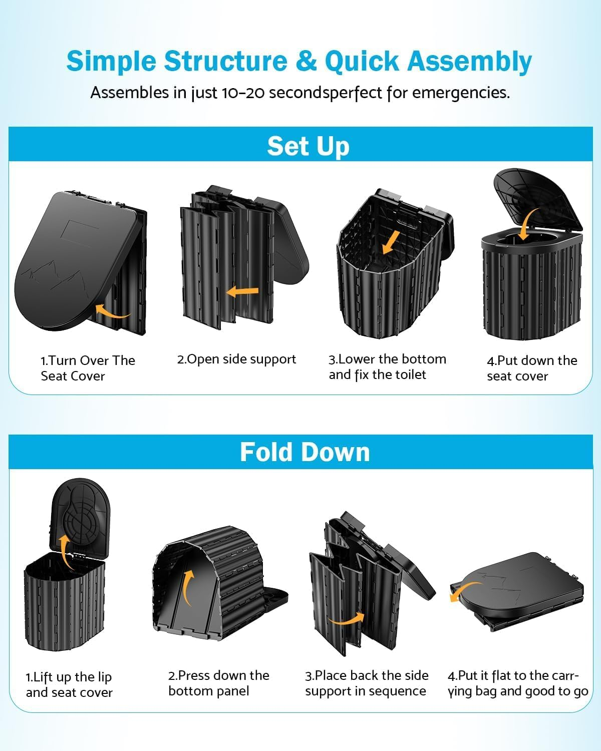 Portable Toilet, Upgraded to 15 Inches with Detachable Paper Holder, Capable of Carrying 450 Pounds, Suitable for Camping, Hiking, Road Travel, Cars, Tents, Beaches, and Truck Drivers (Black) image number 4
