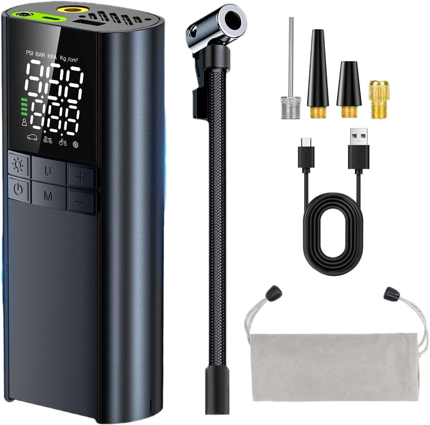 Portable Tire Inflator, Powered by 8000Mah Battery, Inflates Cars, Motorcycle, Bicycle, Ball, LED Light, USB Output Port, High Speed Airflow, with Storage Bag for Drivers, Bikers