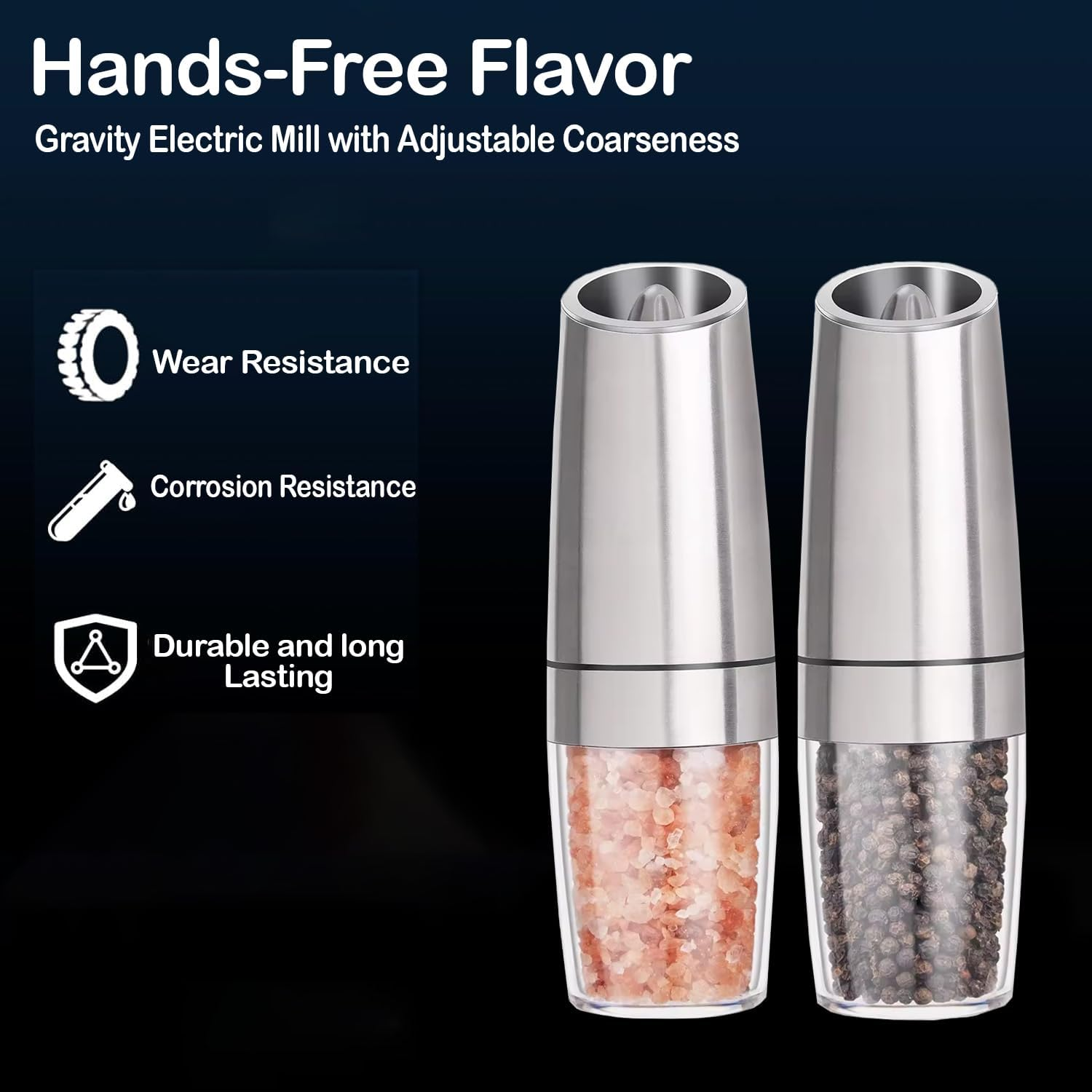 Chef Power High-Quality Gravity Electric Salt and Pepper Grinder with Cleaning Brush - Battery-Operated, Stainless-Steel Pepper Mill - LED Light, Automatic Salt and Pepper Grinder &ndash; 2 Set (Silver) image number 2