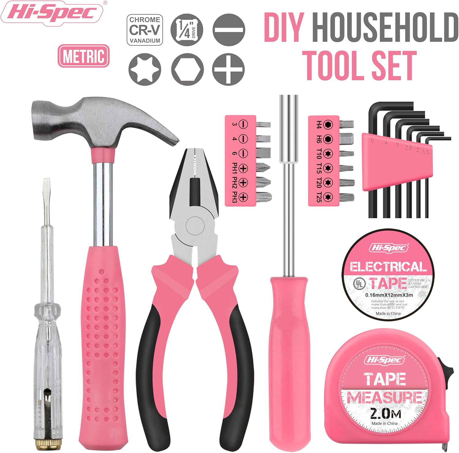 Hi-Spec 24Pc Pink Household Toolkit for Women. Small DIY Mini Toolset of Starter Basic Ladies Tools for Home & Office with Tool Box