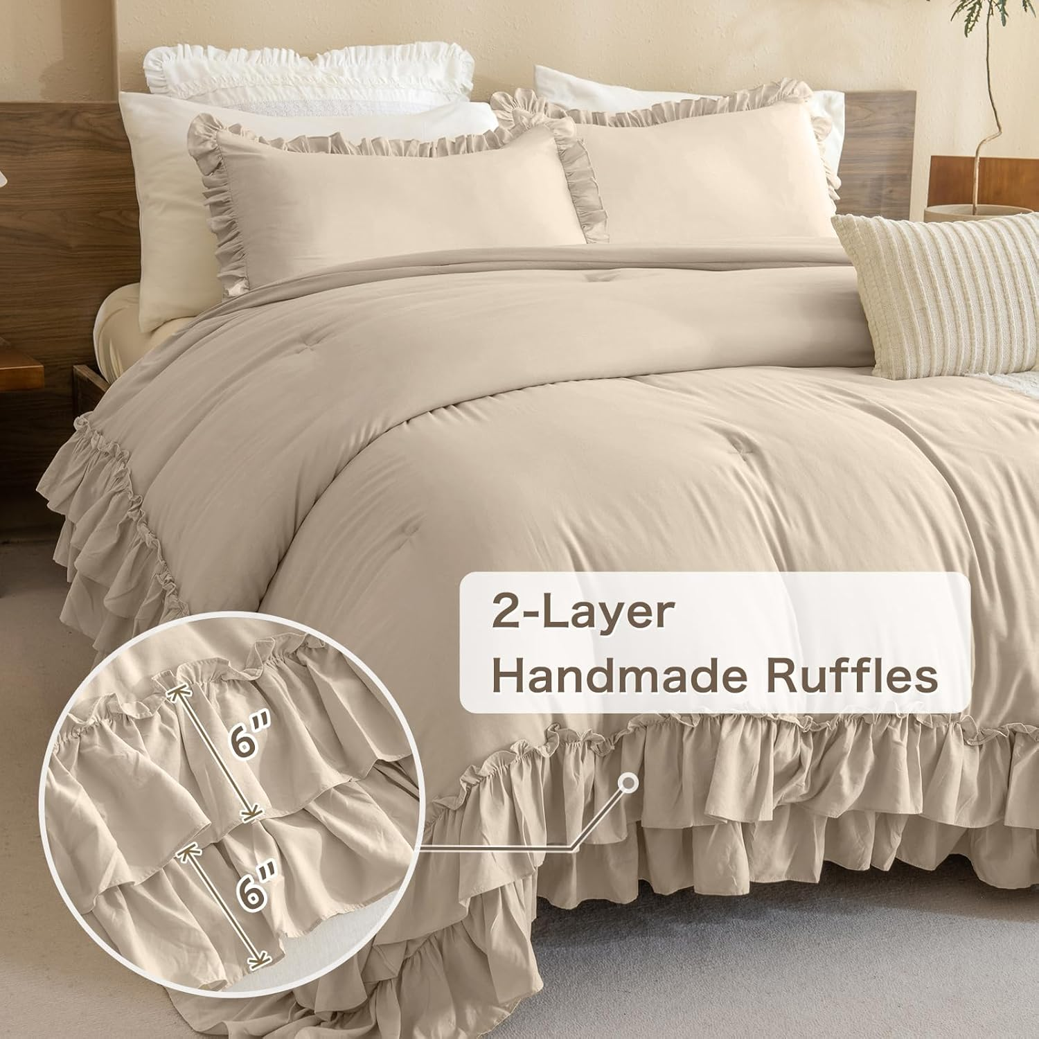 Masaca Ruffled Comforter Set Queen,3-Piece Farmhouse Shabby Boho Chic Bedding,Ultra Soft Linen Feel Textured Bed Comforter Set (1 Ruffle Comforter+2 Pillow Shams)
