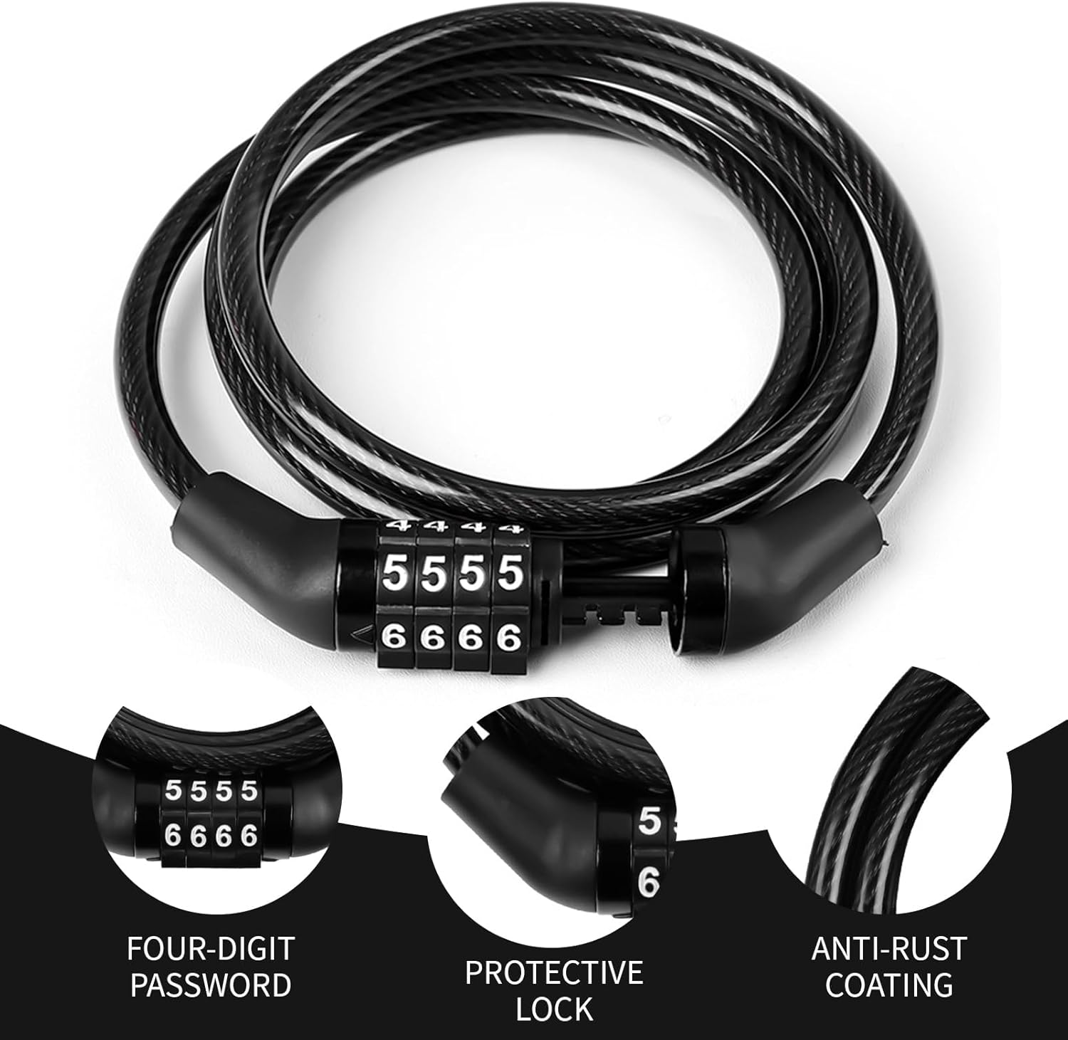 Cure Your Bike with a Keyless Combination Cable Lock, 4-Digit, Coiled Security Lock for Mountain Bikes, Road Bikes, Electric Bicycles, Scooter, Bike Lock image number 2