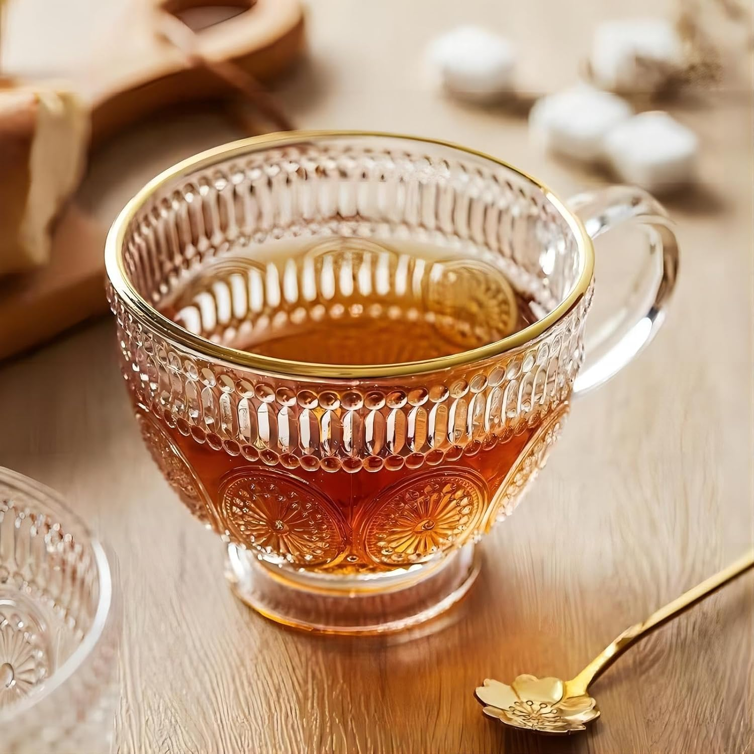 Blissora Large Embossed Tea Cup, Valentines Ribbed Coffee Mug Sets Pack of 2/4/6 for Cereal Cappuccino Dessert, Crystal Friend Mum Gift (Gold Rim, 4 Pack) - 4, Gold Rim image number 6