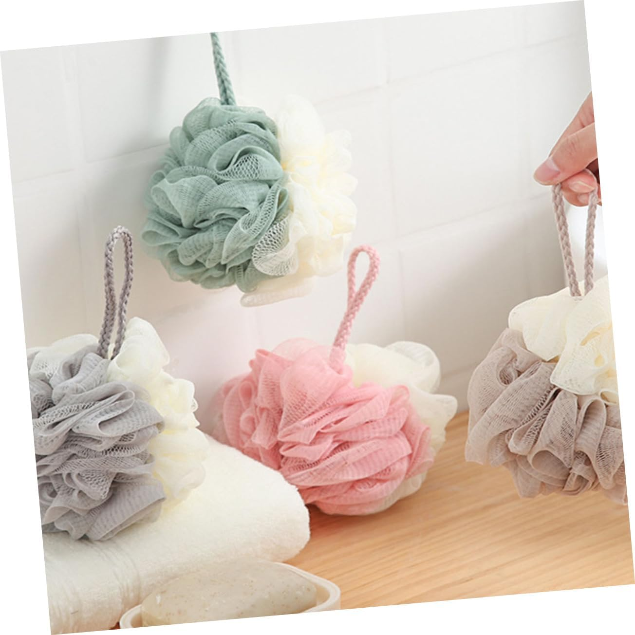 LRXIYODE 4Pcs Two-Tone Bath Loofah Shower Balls Skin Body Scrubbers Portable Bath Sponges for Household Use Rich Bubble Exfoliating Shower Loofah for Washing image number 5