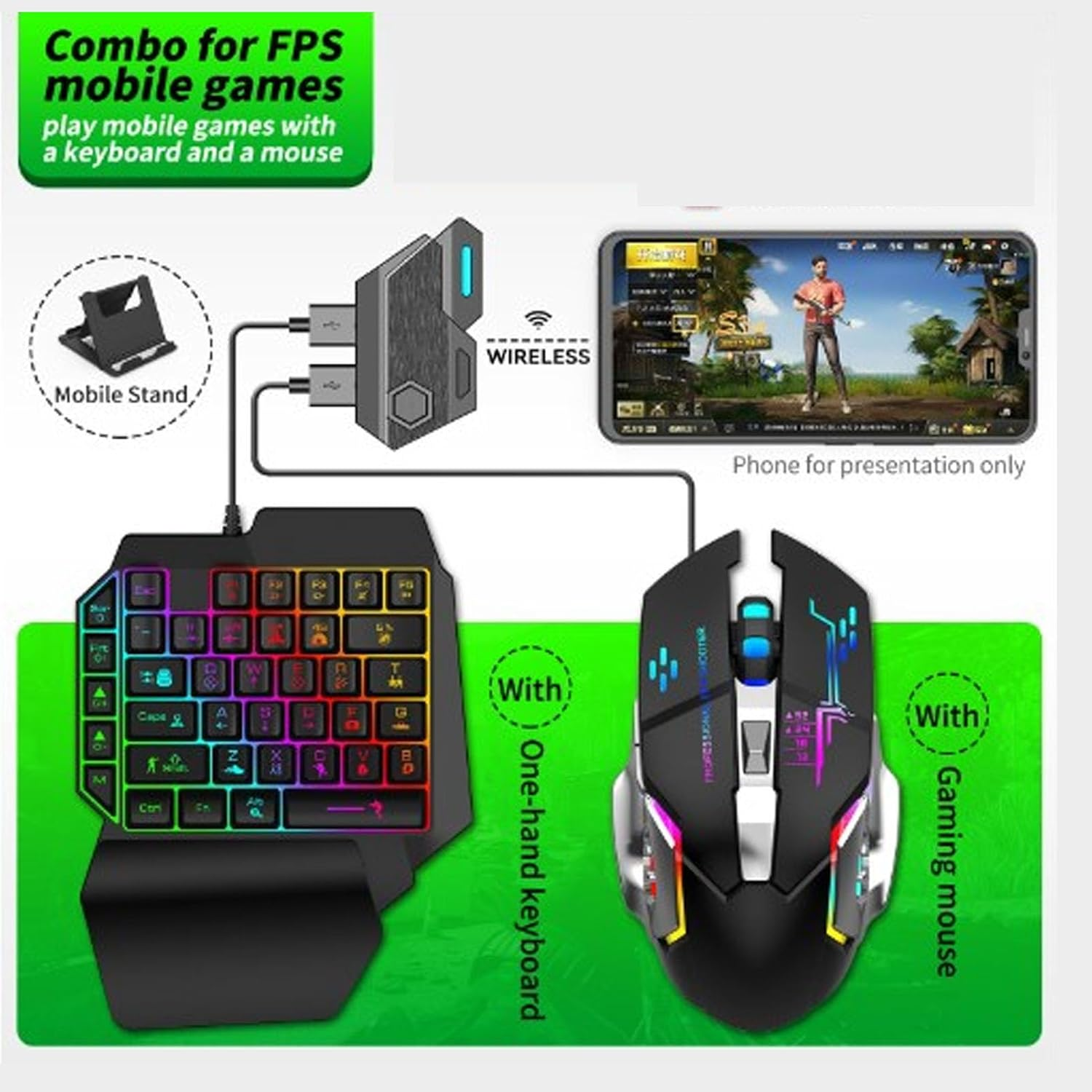 4 in 1 Mobile Game Combo Pack, Gaming Keyboard Mouse Converter Combo, Keyboard and Mouse Converter Supporting 5V 2000Ma Fast Charging (Converter, Keyboard, Mouse, Phone Holder) image number 2