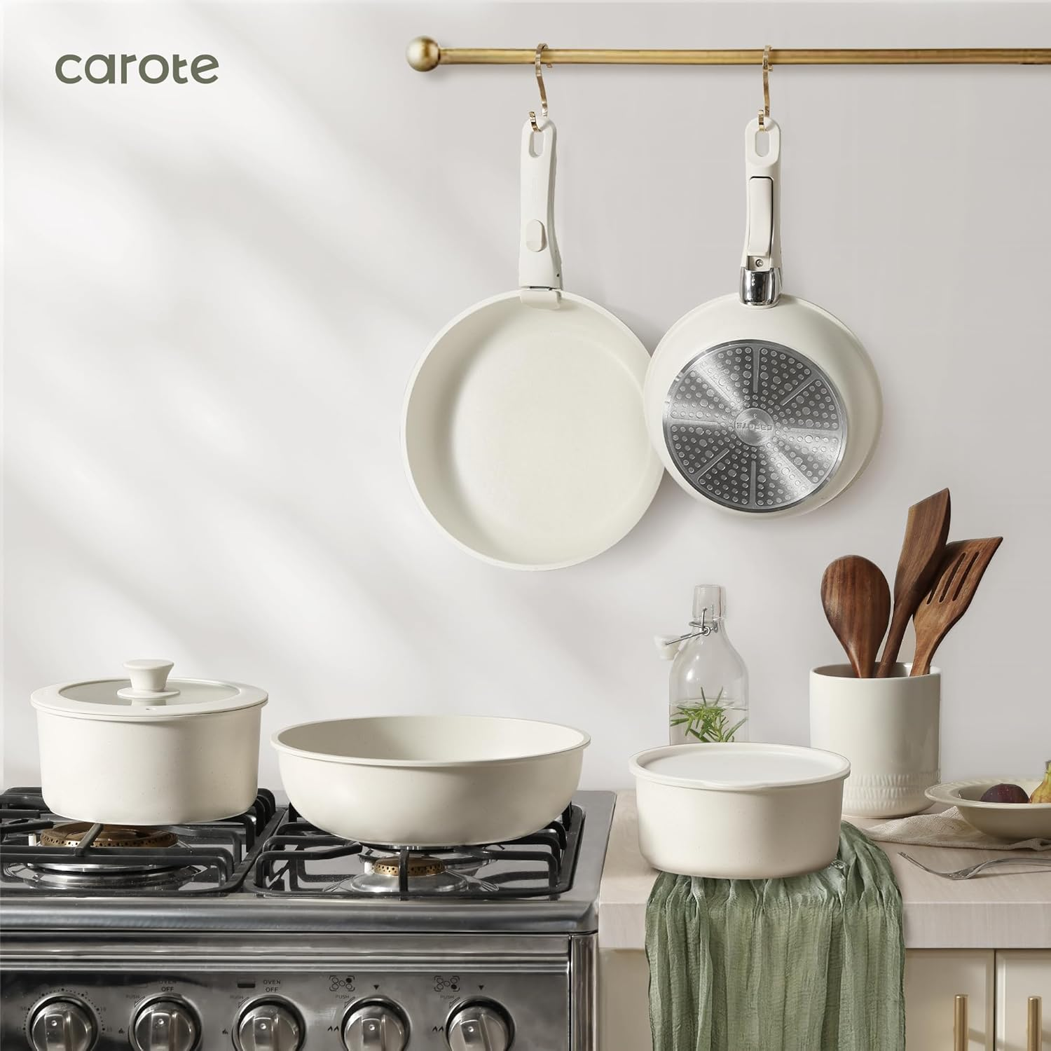 CAROTE 11Pcs Pots and Pans Set Non Stick, Cookware Sets Detachable Handle, RV Kitchen Set Removable Handle, Oven Safe, Induction Ready, Stackable Non-Stick Set, Cream White image number 3