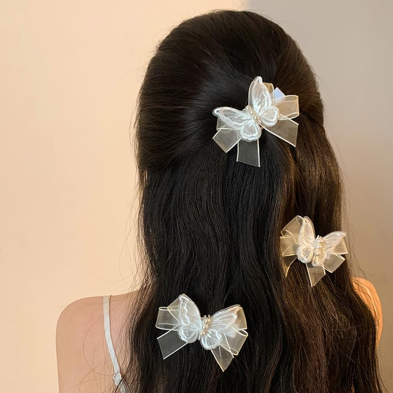 Small Butterfly Hair Clips for Women Girls - Mini Lace Bow Set White Tulle Hair Accessories - Flower Girl Hair Clips for Wedding - Decorative Pearl Bow Barrette 4 Pack image number 4