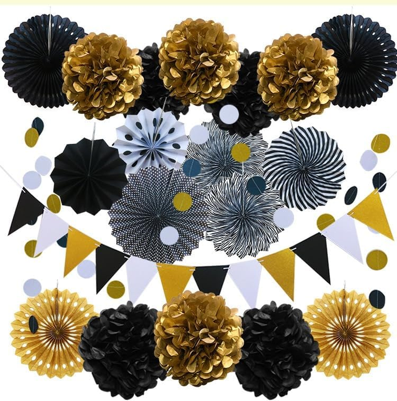 Party Decoration, 21 Pcs Black and Gold Hanging Paper Fans, Pom Poms Flowers, Garlands String Polka Dot and Triangle Bunting Flags for Birthday Parties Wedding D&eacute;cor, Table & Wall Decorations image number 3