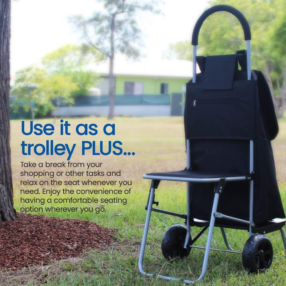 White Magic Handy Trolley with Seat - 3 in 1 Multi-Purpose Shopping Cart, Lightweight Stainless Steel, Comfortable Seat Supports up to 100Kgs, Jumbo Carry Bag with 7 Pockets