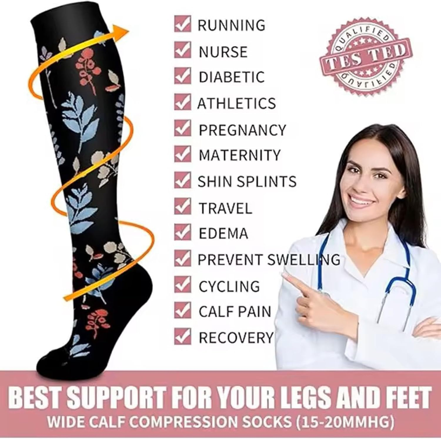 Compression Socks for Men & Women Circulation, MH MOIHSING Compression Stocking 15-20 Mmhg Best Support for Athletic Running, Swelling, Nurse, Flight, Travels, Nurses, Edema (3 Pairs) image number 1