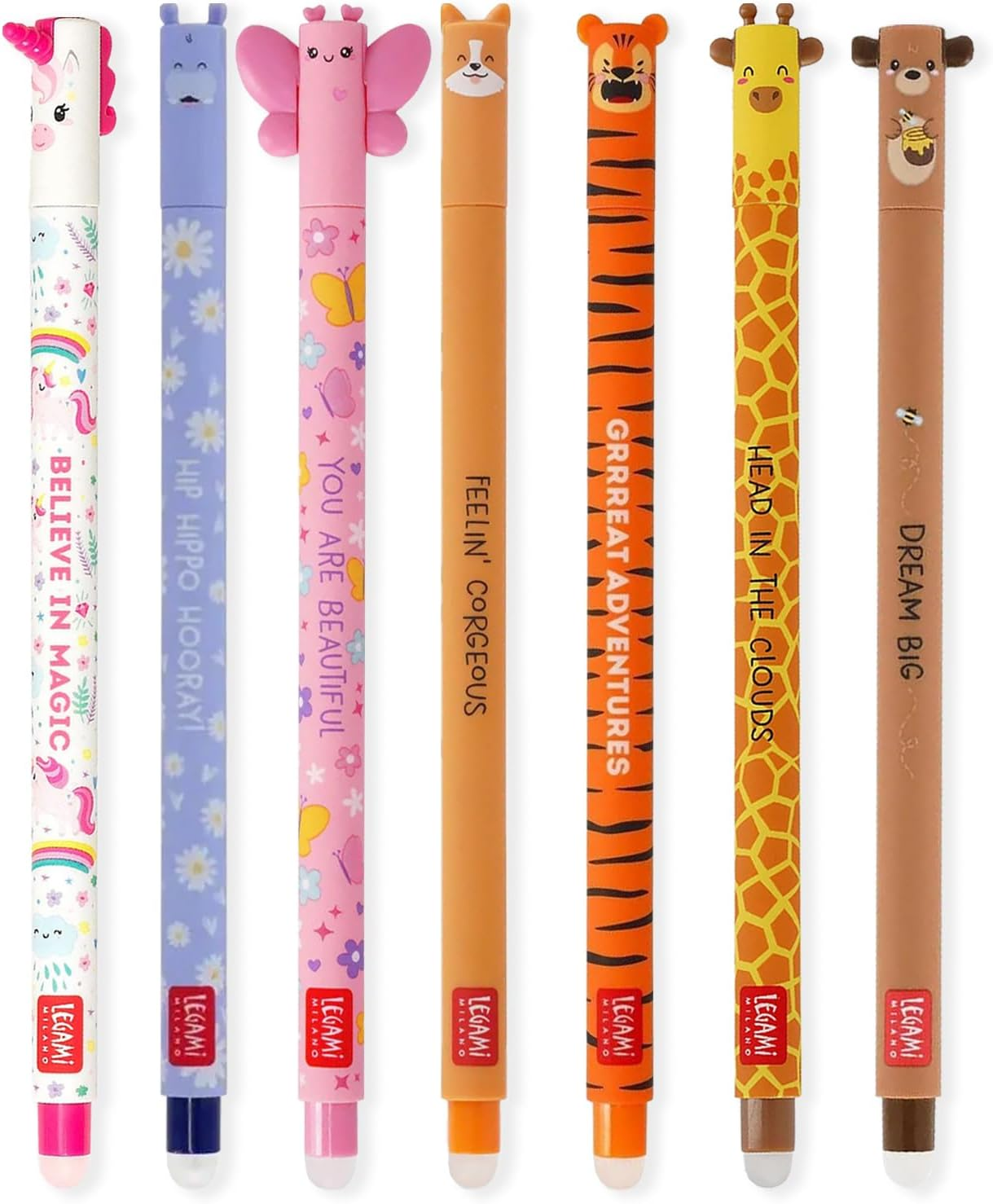 LEGAMI - Set of 7 Erasable Gel Pens with Thermosensitive Erase Ink, Range of Ink Colours & Barrel Designs, 0.7Mm Tip, Unicorn, Hippo, Butterfly, Corgi, Tiger, Giraffe, Teddy Bear Designs image number 4