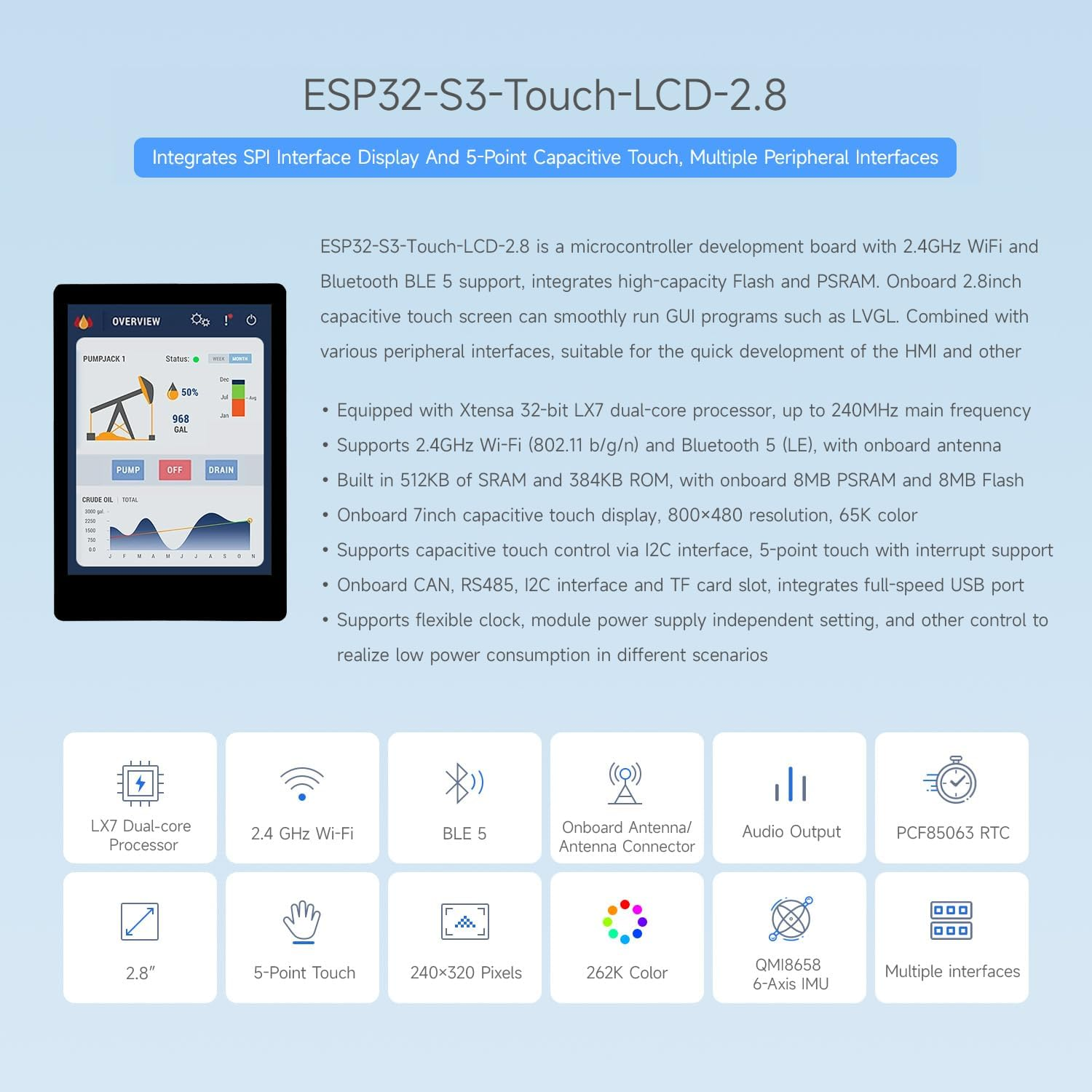 Waveshare ESP32-S3 2.8Inch Capacitive Touch Display Development Board, 5-Point Touch, Multiple Peripheral Interfaces, 32-Bit LX7 Dual-Core Processor, up to 240Mhz Frequency, 240&times;320 Resolution image number 5