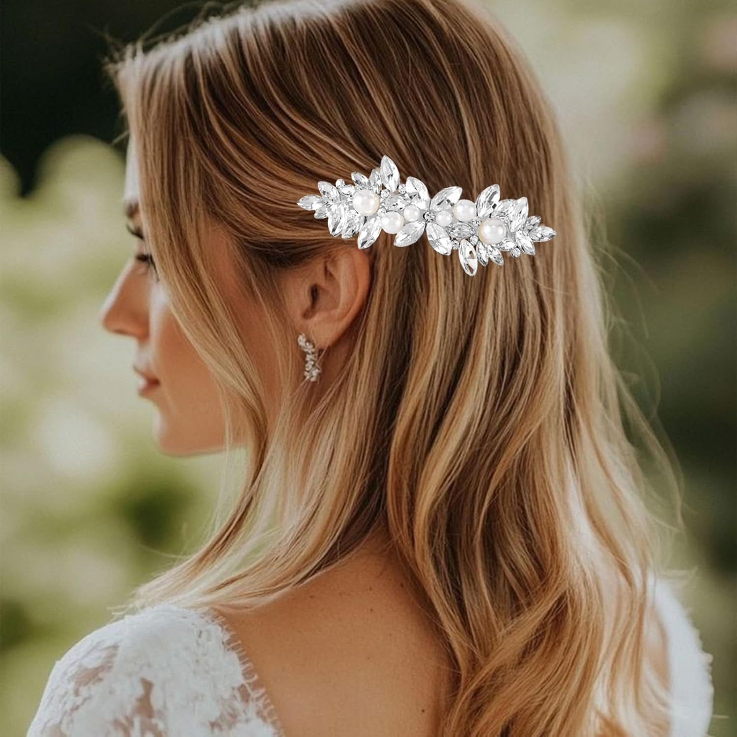 Lunarcharm Crystal Hairclips with Pearl, Silver Bridal Hair Accessories for Women, Sparkling Crystal Hair Pins, Unique Floral Hairclips for Wedding, Bride, Long Hair image number 1