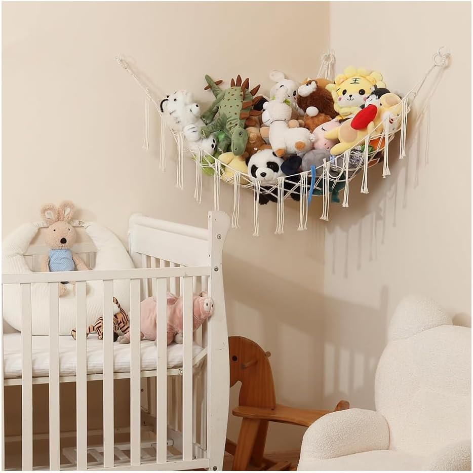 Toy Hammock,Extra Large Macrame Wall Hanging Soft Toy Storage Organizer for Nursery,Soft Corner Hanging Netting (Style A) - Style B image number 4