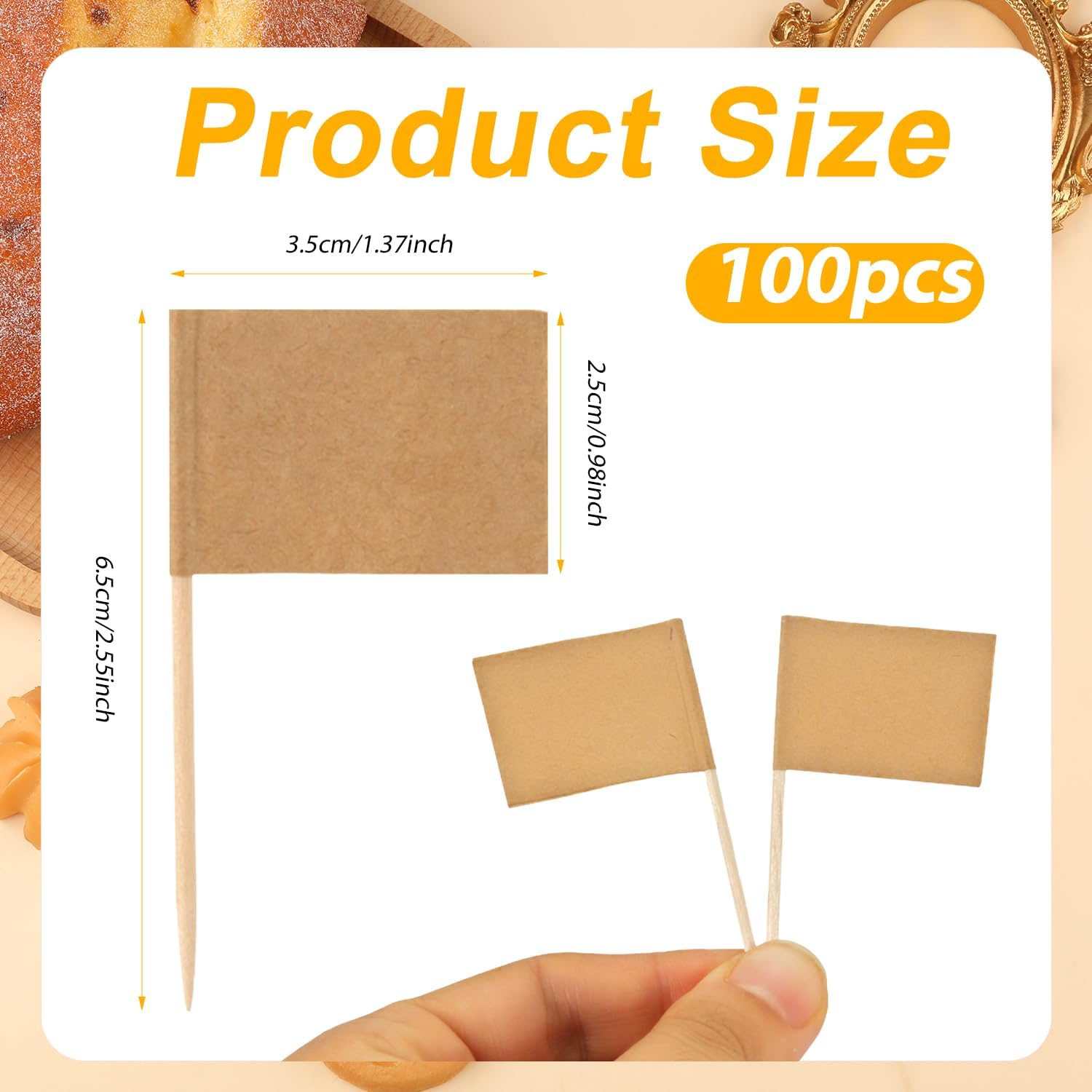 100Pcs Mini Toothpick Flags, Double Sided Blank Flags on Sticks Food Labels Markers for Party Buffet Cupcake Toppers for Charcuterie Cheese Board Accessories Decoration Dishes Fruit Platter (Khaki) image number 3