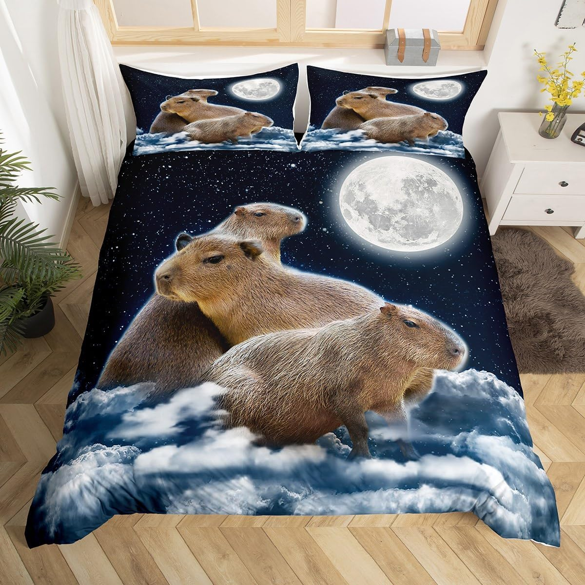 Homewish Children'S Capybaras Duvet Cover 155 X 220 Cm Cartoon 3D Animal Bedding Set Funny Rodent Animal for Teens Girls Boys Galaxy Starry Moon Duvet Cover for Capybara Lovers Home Decor image number 2