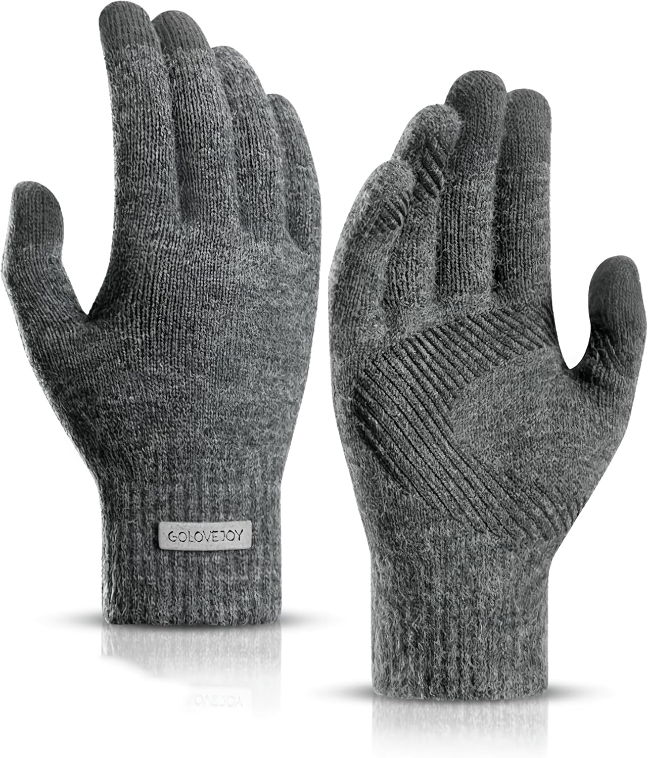 Father'S Day Ideal Gift Thermal Knit Gloves,Fleece Lined Winter Gloves for Men,Grey Thick Warm Wool Gloves,Non-Slip & Anti-Pilling,Touchscreen Compatible（L-Xl）