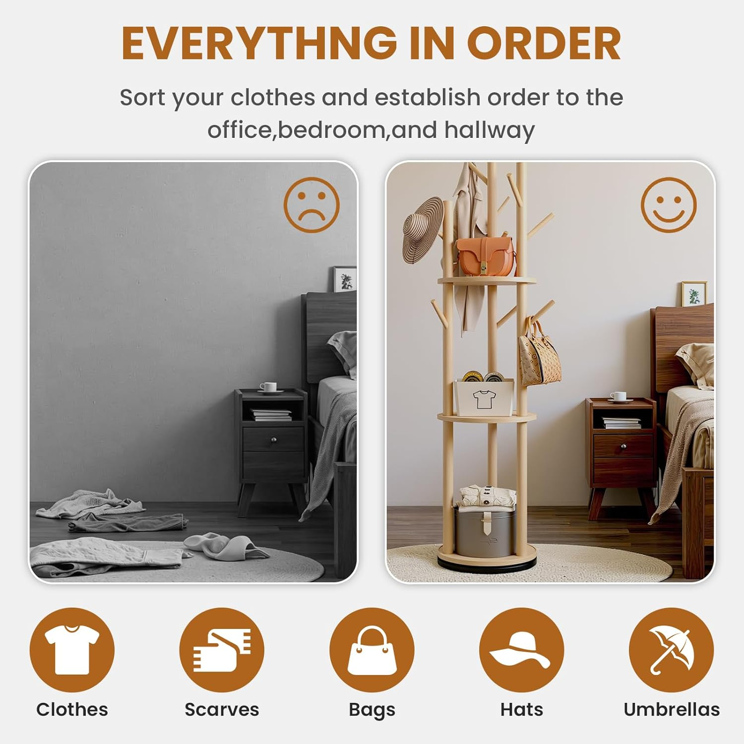 Uandhome Wood Rotary Coat Rack, Freestanding Coat Rack with 3 Shelves and 9 Hooks, Coat Tree for Bedroom, Entryway, Livingroom, Coat Hanger Stand for Coats, Scarves, Handbags (Wood) image number 3