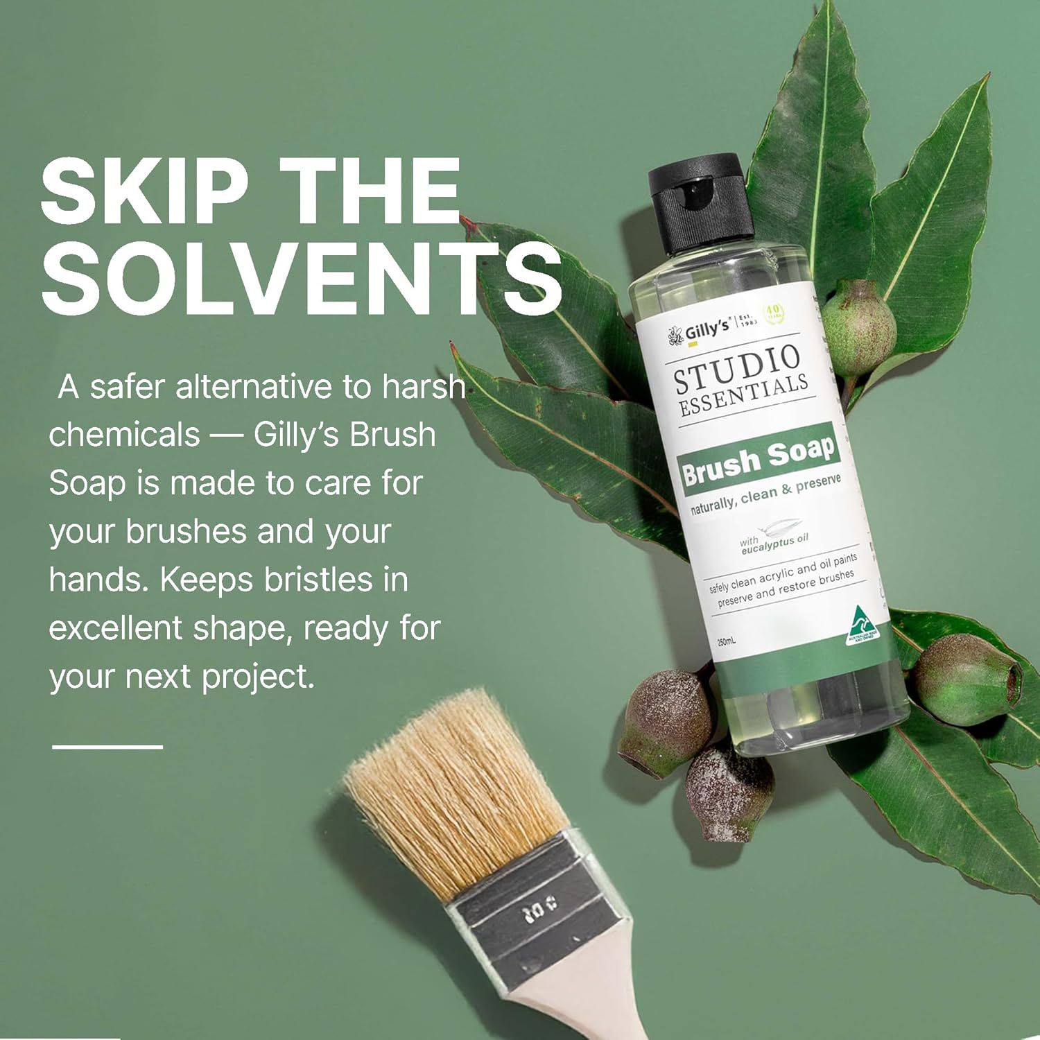 Gilly'S Brush Soap 250Ml - Plant-Based Cleaner with Eucalyptus Oil for Paint Brushes & Tools | Safe for Synthetic & Bristle Brushes, Acrylic, Oil, Chalk & Mineral Paints image number 4