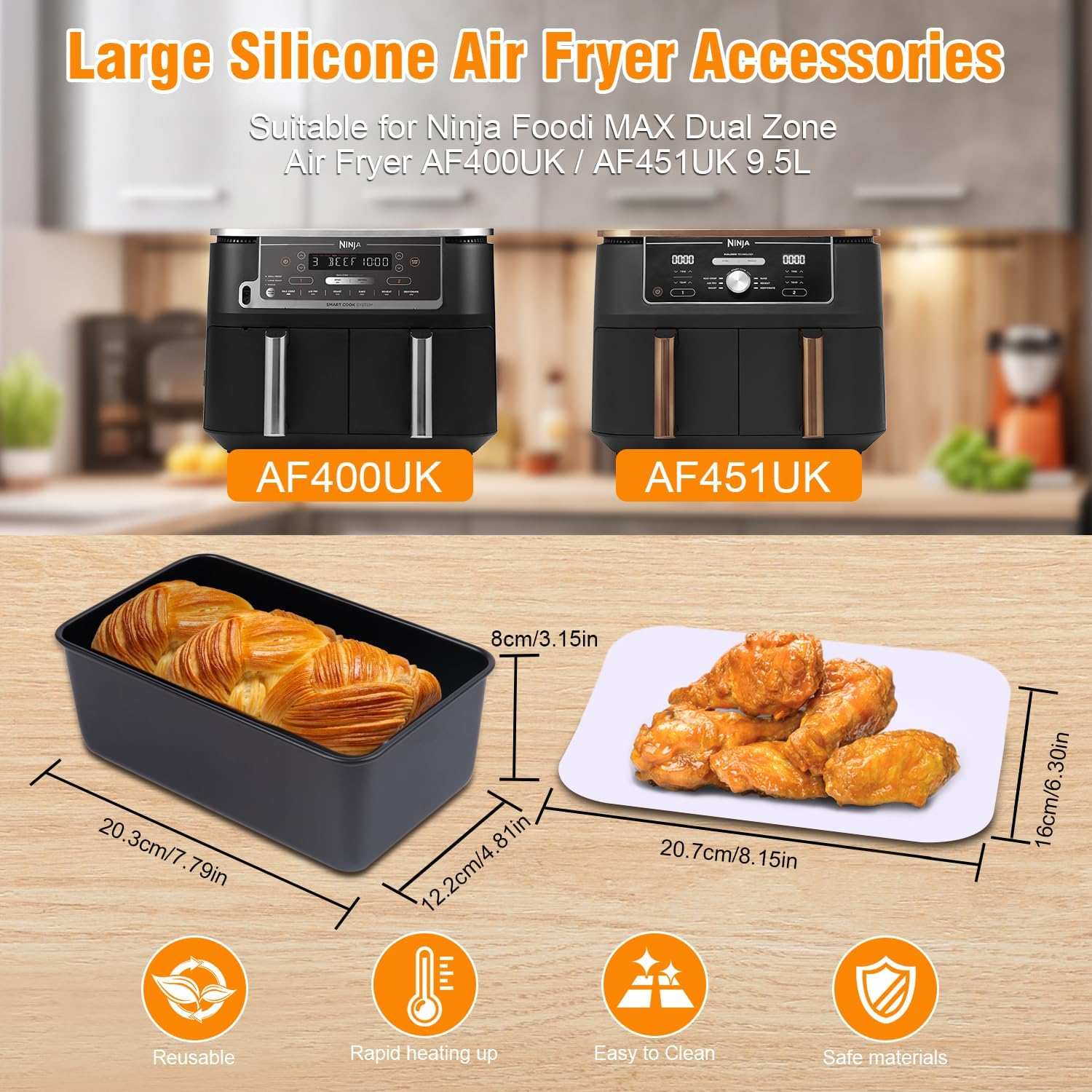 Large Size Air Fryer Accessories, Set of 11 for Ninja Air Fryer Accessories Compatiable with Ninja Foodi Dual Air Fryer Af400Uk & AF451UK & Most 9.5L Air Fryers, Upgraded, Silicone Air Fryer Liner image number 6