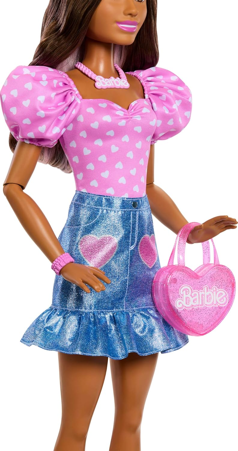 Barbie 28-In Brunette Fashion Doll with Removable Fashions, Pink Top, Denim Skirt, & Cowboy Boots, Necklace and Purse Accessory image number 1