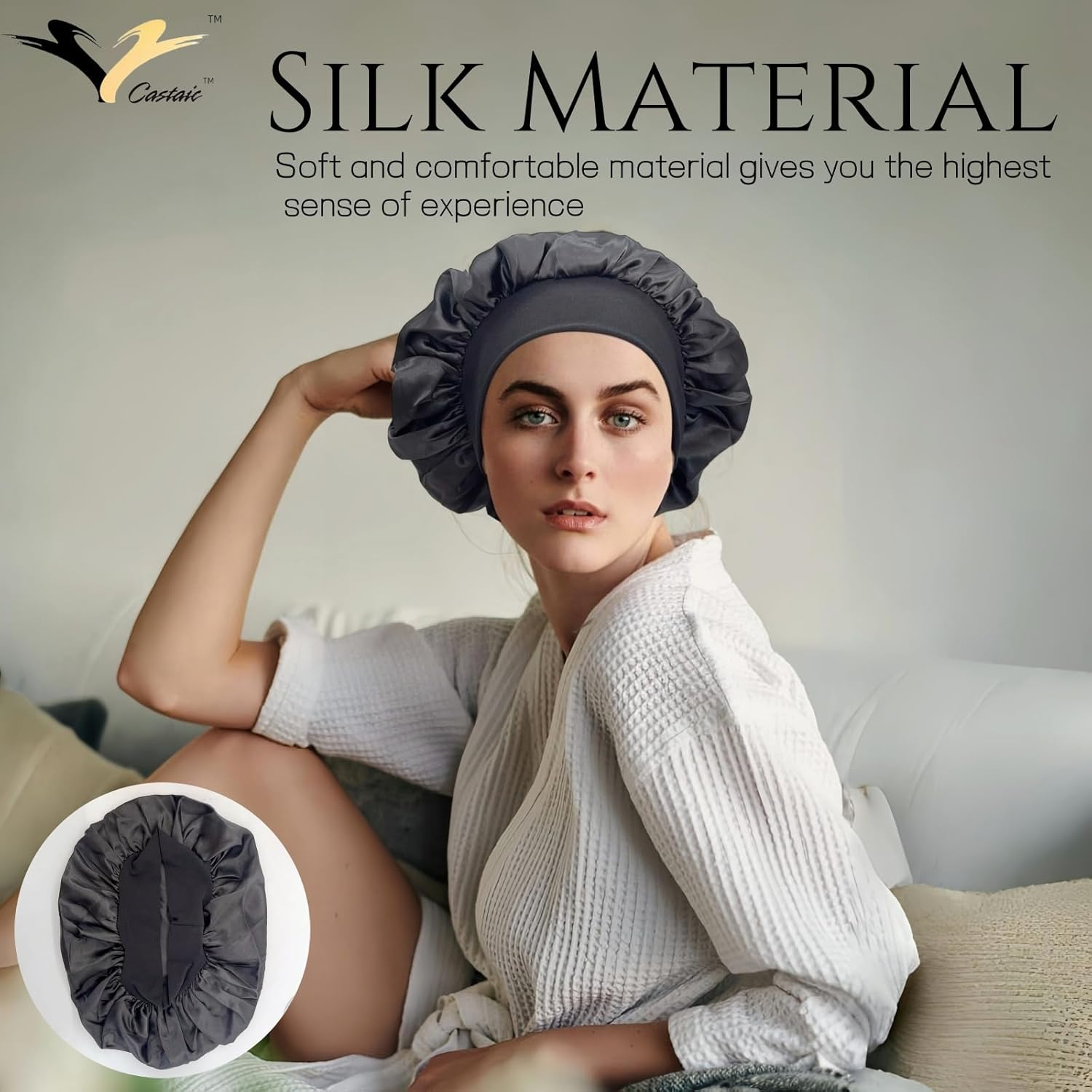 Castaic 2 Pcs Silk Bonnet with Soft Elastic Band, Satin Bonnets, Hair Wrap for Curly and Straight Hair (Black + Rose Gold) image number 3