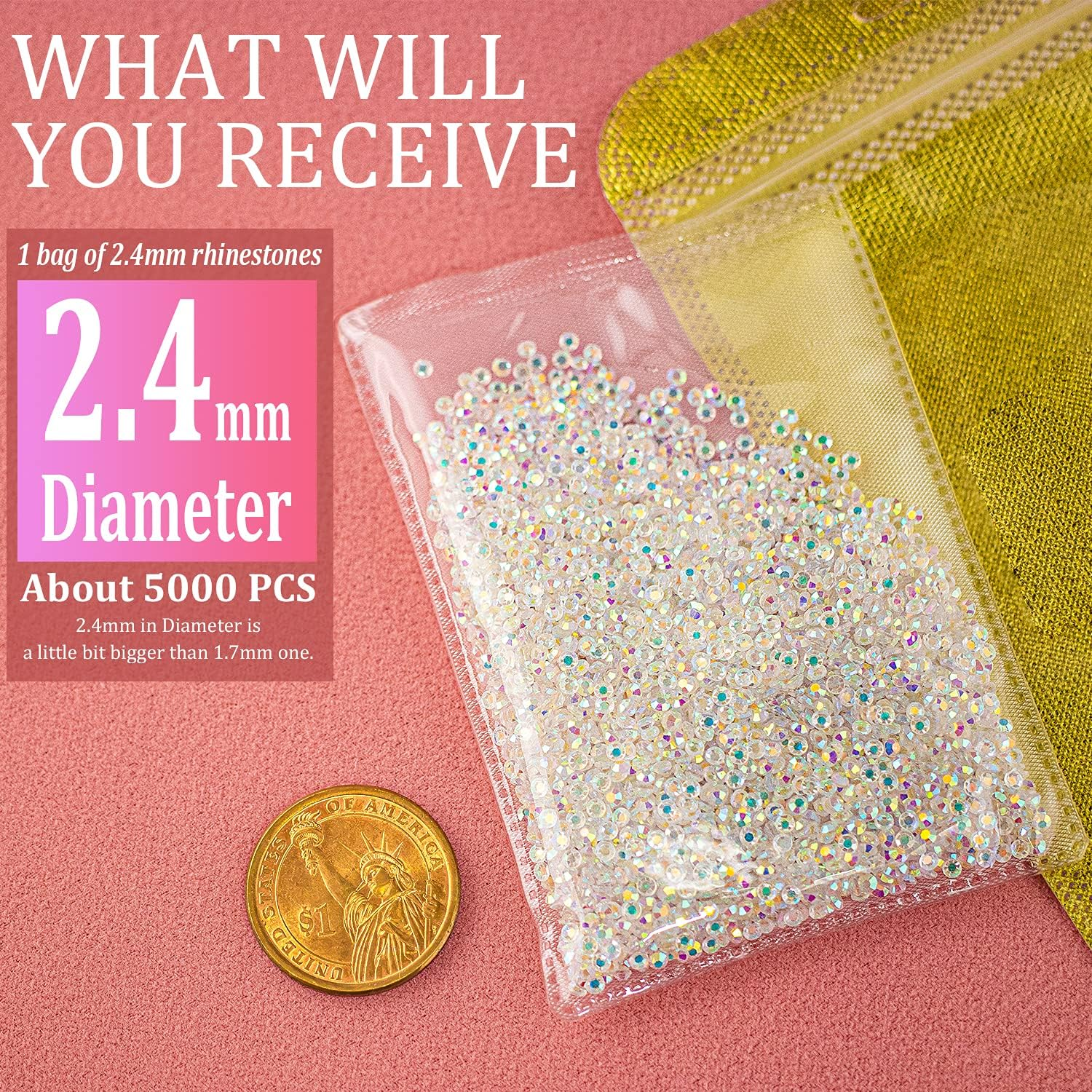 Tiny Nail Rhinestones 5000Pcs 1.2Mm Mini Pixie AB Glass Crystals for Nail Art Manicure Iridescent Long Lasting Shine Small Rhinestone Micro Dust Glitter Caviar Bead Sugar Gem (2.4Mm AB) image number 3