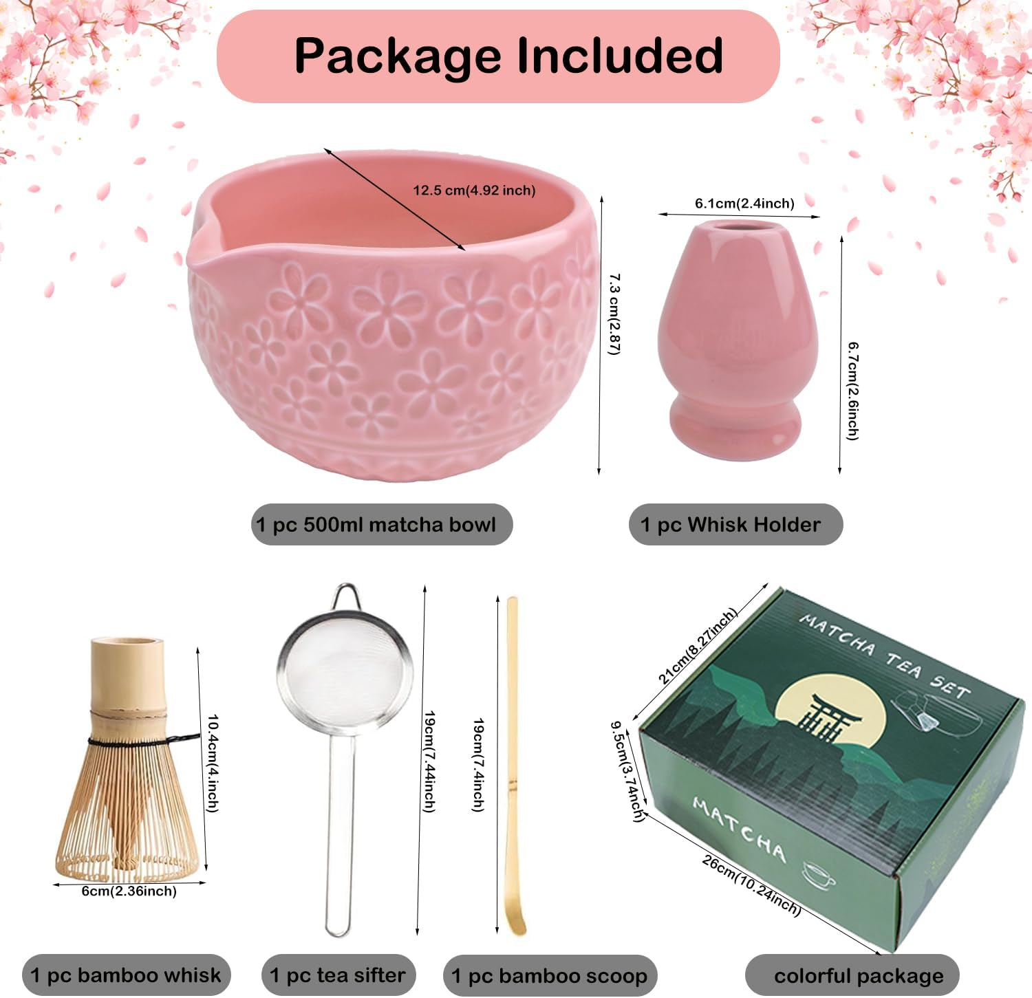 Matcha Whisk Set,5-Piece Ceramic Japanese Matcha Set Includes Matcha Bowl, Matcha Whisk and Holder, Bamboo Scoop, Scoop Rest, Sifter and Tea Towel - Matcha Kit for Matcha Lovers (Pink) image number 3