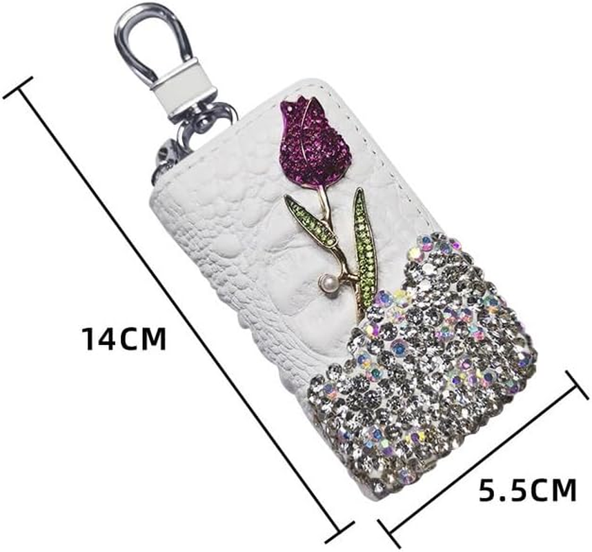 PU Leather Car Key Case Holder Bling Rhinestone Flower Car Key Chain Bag Auto Key Case Car Key Fob Cover Case Zipper Bag. image number 3