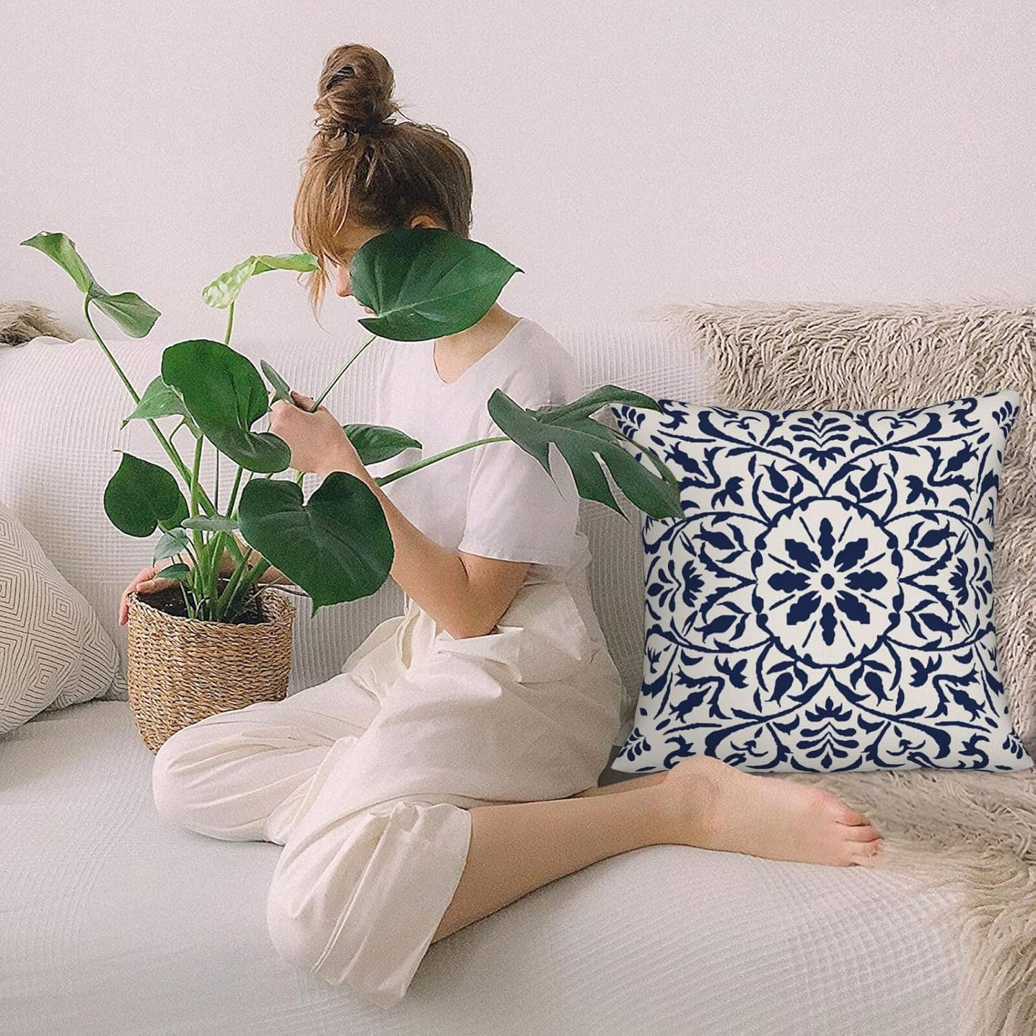 Set of 2 Navy Blue Boho Cushion Cover 50Cm X 50Cm Bohemian Geometric Modern Decor Square Linen Pillow Cases for Sofa Bed Couch Outdoor Cushions Covers 20X20 Inches