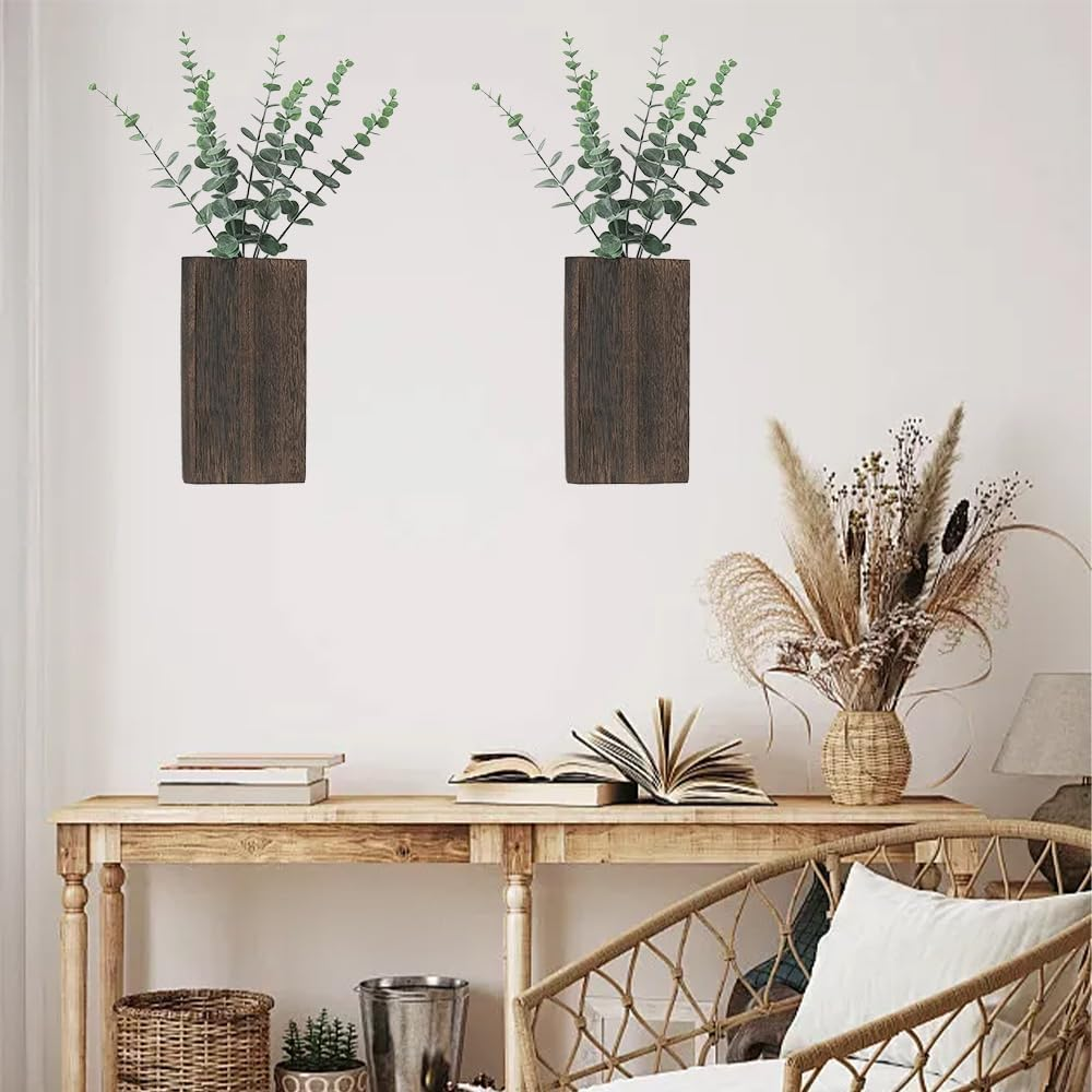 2 Pack Wood Wall Planter,Indoor Plants Holder,Wooden Vases,Hanging Plant Planter,Flower Vase,For Living Room Bedroom, Modern Farmhouse Decor Planter for Dried Flowers and Fake Greenery image number 2