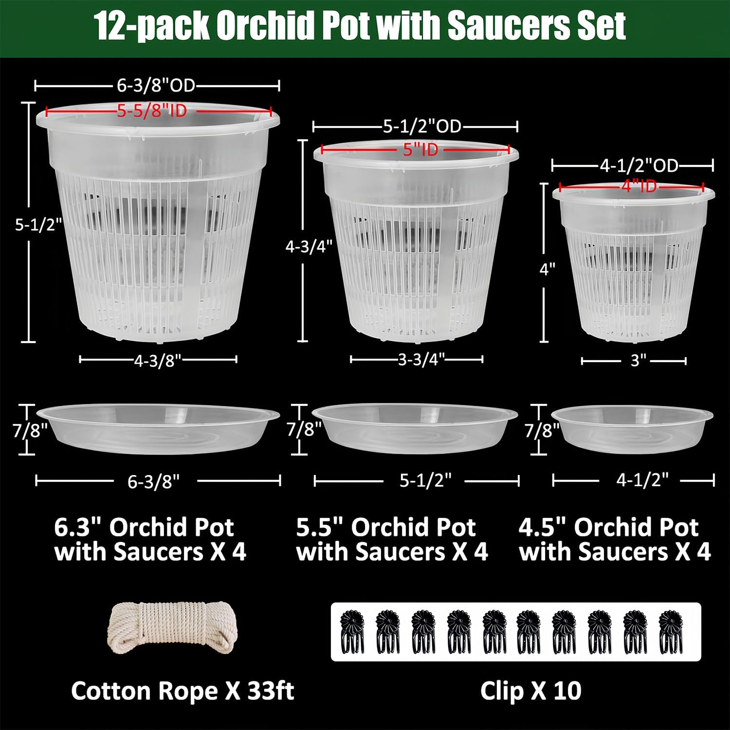 12 Pack Orchid Pot with Saucers, 4 Each of 4.5In, 5.5In and 6.3In Orchid Pots for Repotting, Clear Orchid Pots with Holes, Plastic Flower Plant Pot image number 1