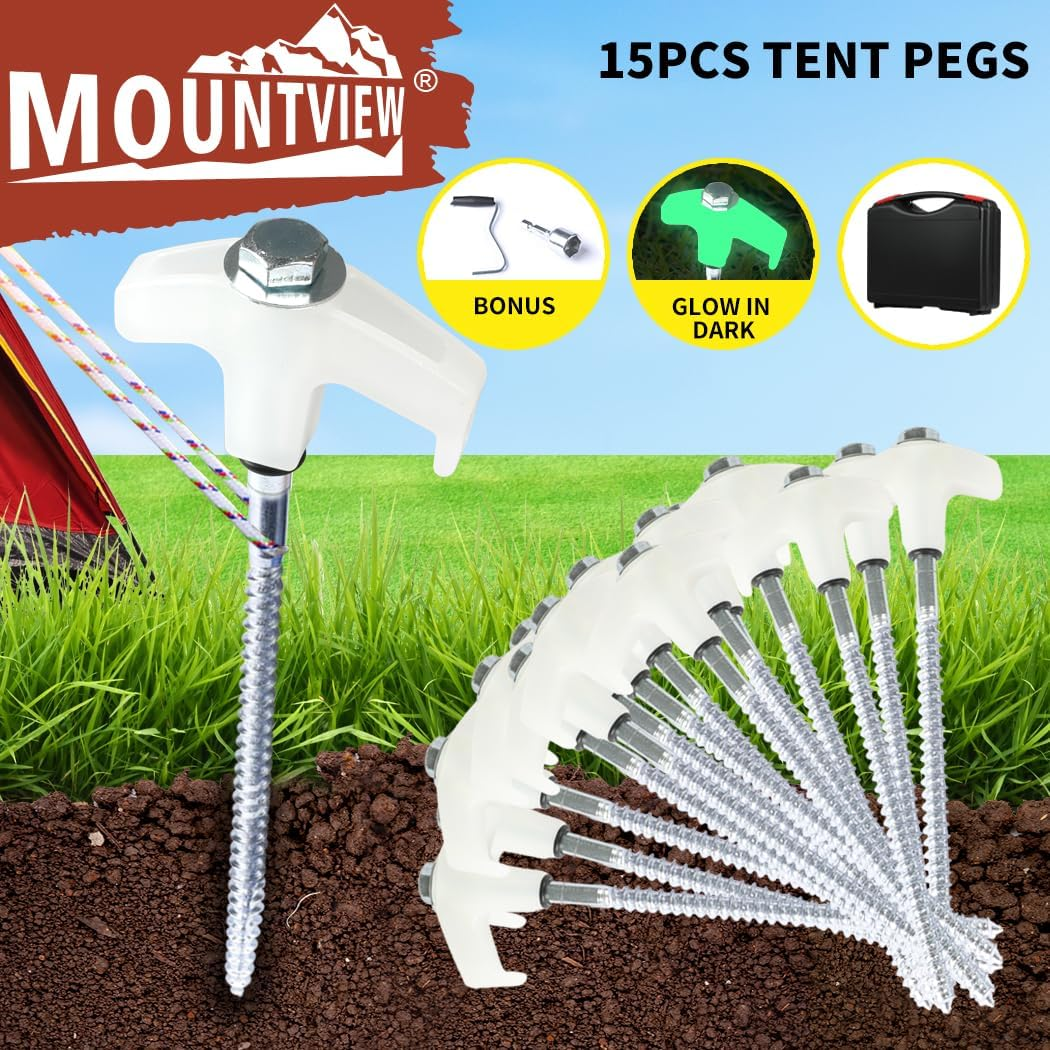 Mountview Tent Pegs Heavy Duty Screw Steel in Ground Camping Outdoor Stakes X15, 15Pcs Tent Stakes with Sotrage Box Case,Adaptor,Peg Puller, Galvanized Steel Tent Pegs for Camping,Garden,Sand,Beach