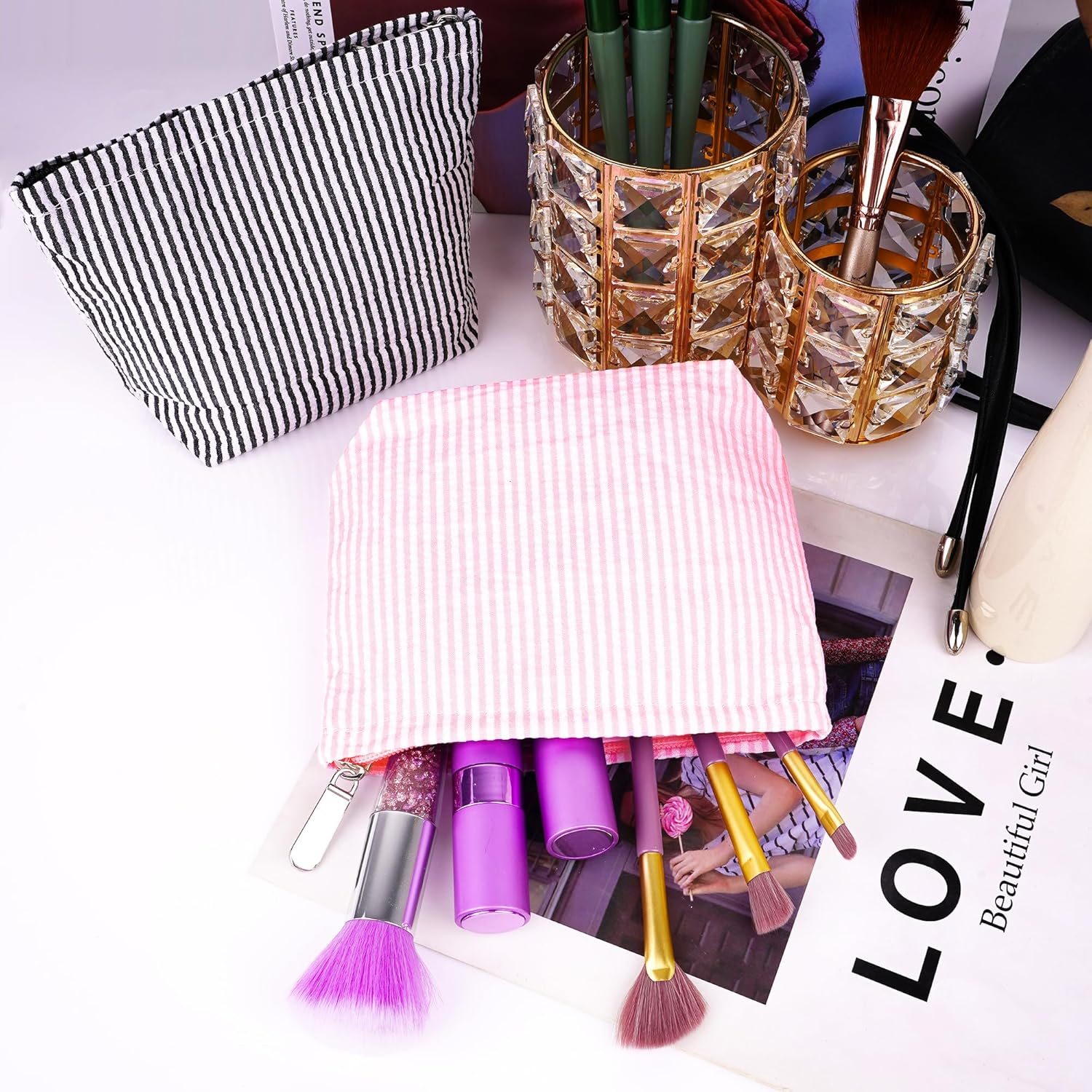 Reignsword 2 Pack Travel Cosmetic Bag, Fashion Stripes Makeup Bag Organizer, Portable Toiletry Bag Zipper Pouch for Women (Black & Pink) image number 3