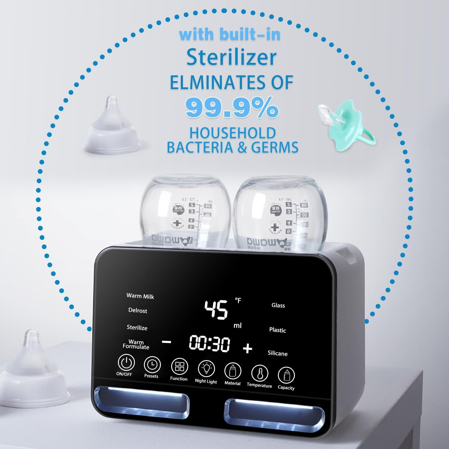 Baby Bottle Warmer, 9-In-1 Fast Baby Milk Warmer 48H Thermostat Food Heater Breastmilk Thaw Formula Water Warming Steamer IMD LED Display Accurate Temperature Control Steamer for All Bottles (White, Double Bottle) image number 1