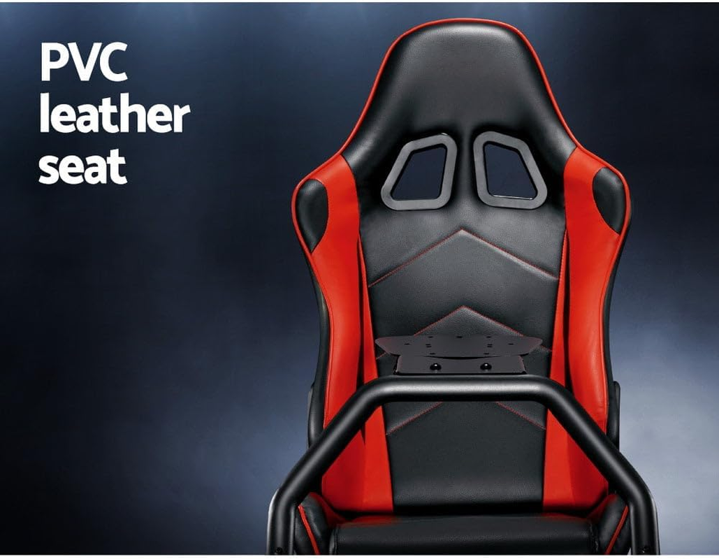 Artiss Racing Simulator, Foldable Sim Steering Cockpit Wheel Adjustable Gaming Chair Leather Seat Thrustmaster for Home Bedroom with Rubber Foot Pads, Black Red image number 3