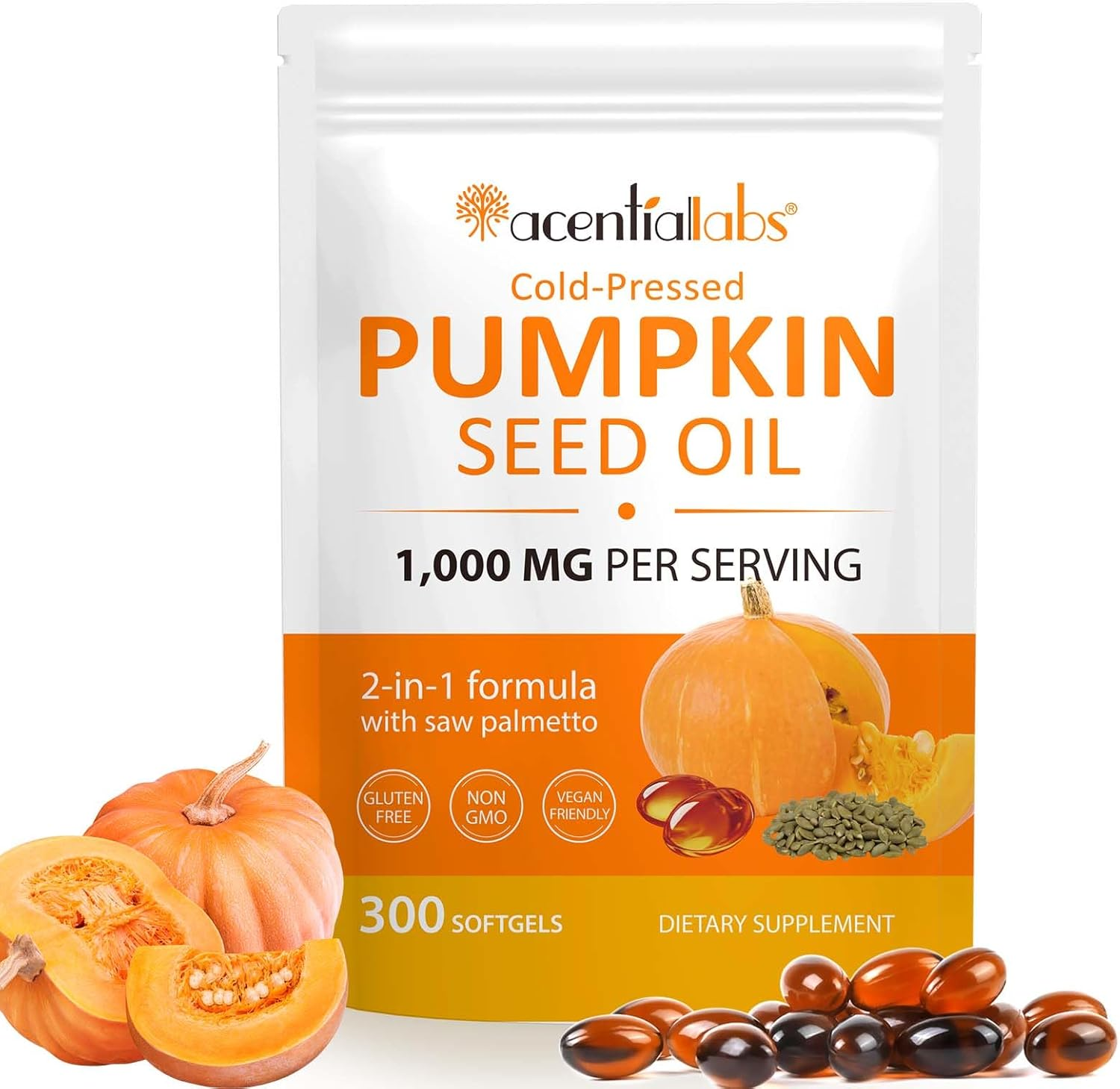 Pumpkin Seed Oil with Saw Palmetto Softgels | 1000 Mg per Serving | Cold-Pressed Virgin Oils | Plant-Based Fatty Acids & Phytosterols | Non-Gmo, No Artificial Additives | 300 Count image number 1