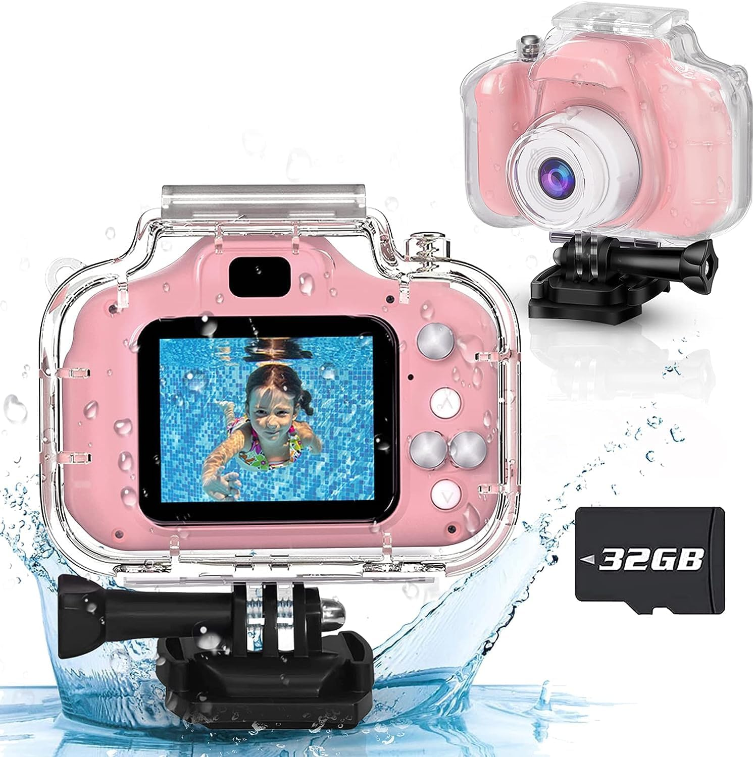 Seckton Kids Camera Waterproof for Girls 3-12 Year Old Children'S Day Birthday 1080P Children Digital Camera Underwater HD Video Toddler Camera Toys 2 Inch Screen with 32GB Card (Pink)