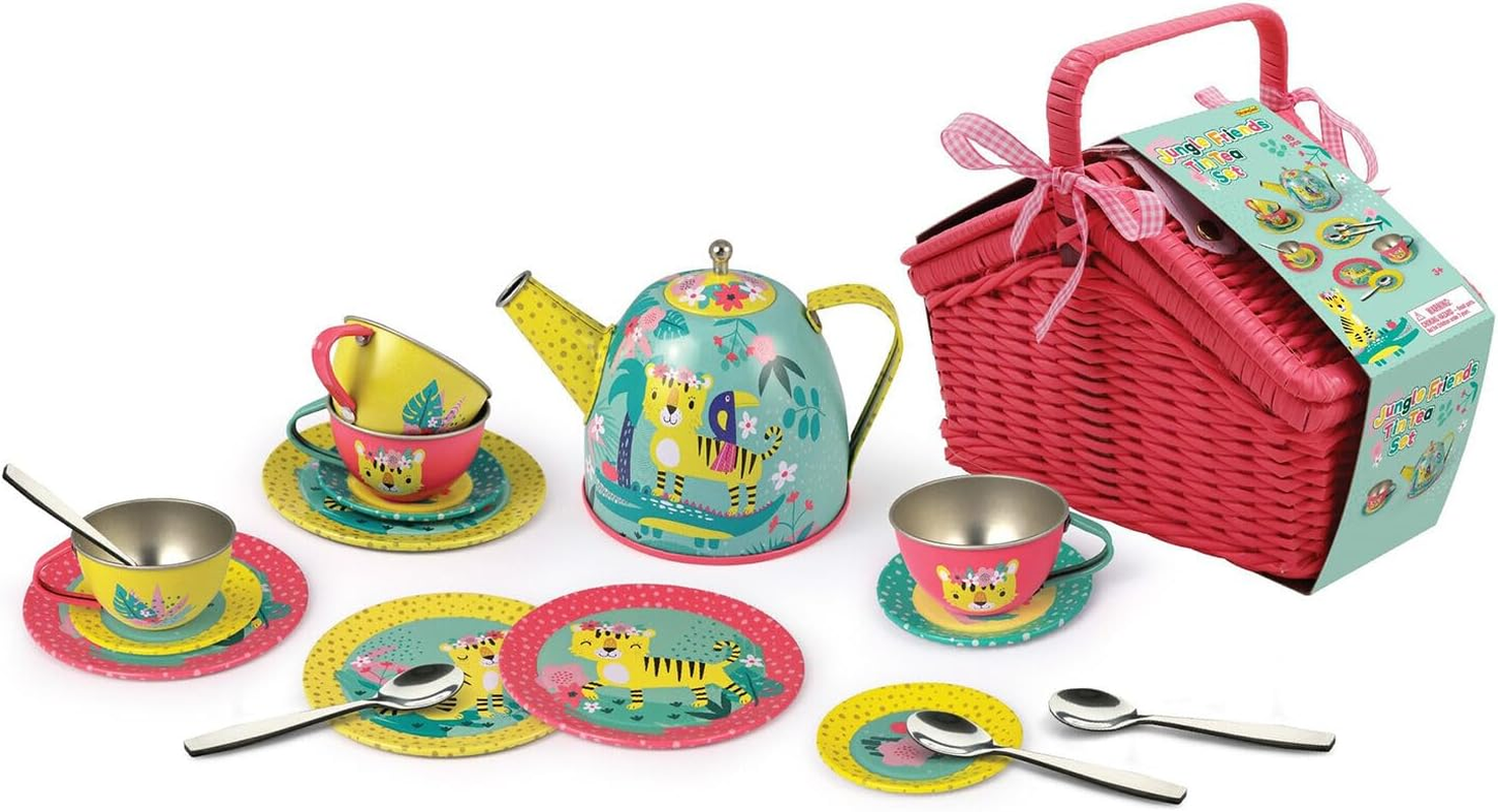 Kaper Kidz TIGER TIN TEA SET in Pink Picnic Basket 18-Piece Set: Perfect Pretend Play Tea Party Fun! image number 6