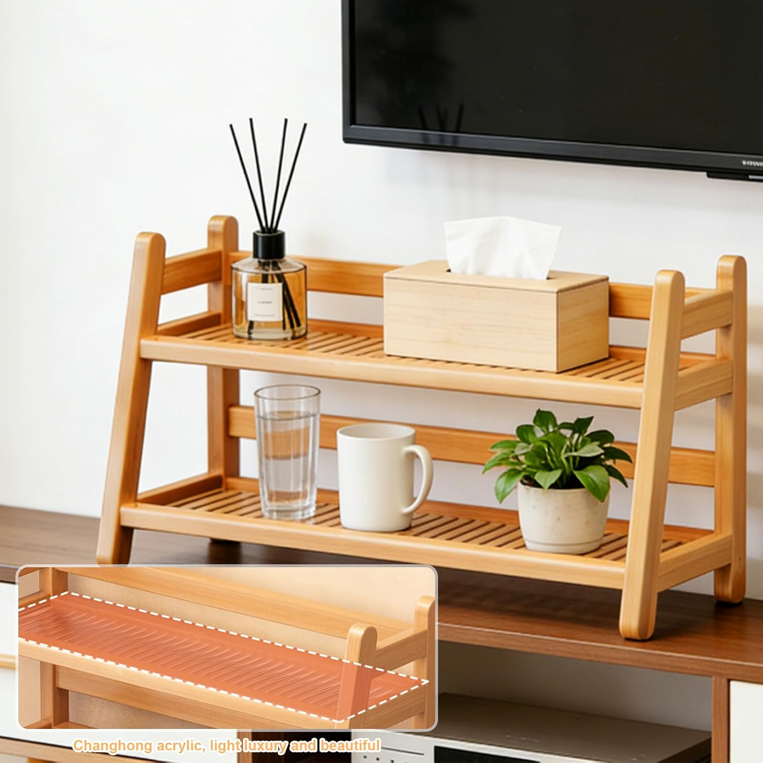 AXVRAV Cup Rack 2-Tier Bamboo Kitchen Organiser Rattan Look Coffee Cup Holder & Tea Matcha Station for Kitchen Worktop & Home Practical Cup Stand for Storage and Decoration image number 4