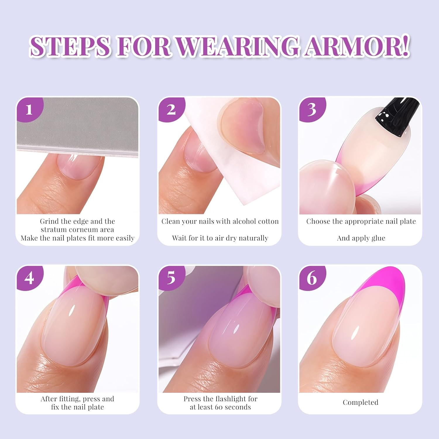 160Pcs Purple French Tip Press on Nails, Short Square PMMA Acrylic Fake Nails Set for Women, Girls Daily Wear & Parties (15 Sizes) image number 6