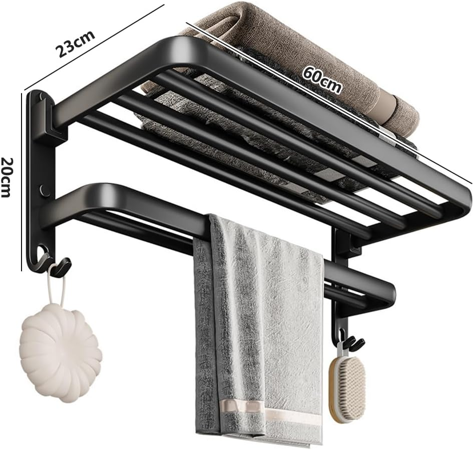 Double-Layer Bathroom Towel Rack, Foldable Washroom Shelf, Rustproof Shower Organizer, with Hooks, for Towels, Toiletries (Long 40 CM) image number 4
