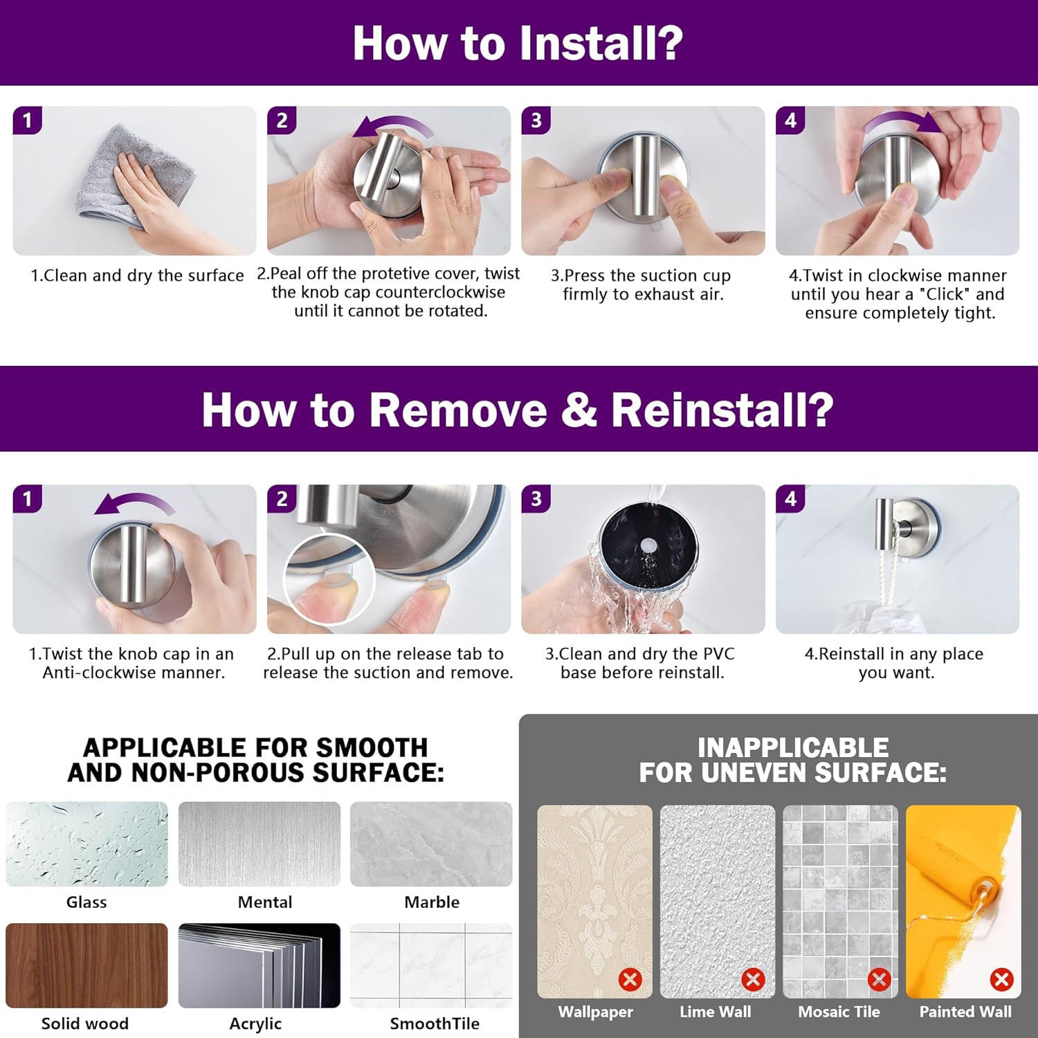 JOMOLA Suction Cup Hooks Shower Wall Stainless Steel Vacuum Shower Hook Heavy Duty Bathroom Suction Towel Holder for inside Shower Coat Hooks Wall Hanger for Door Glass Kitchen Brushed Silver 4Pcs image number 1