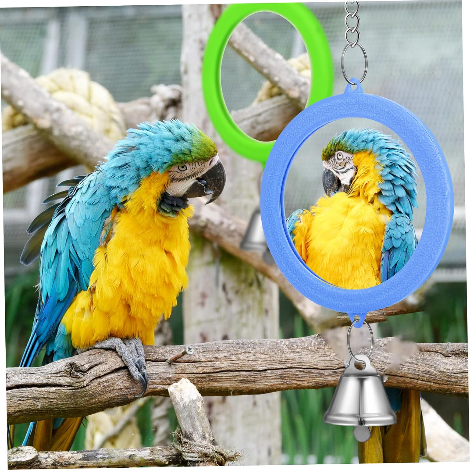 JOINPAYA 3 Pcs round Double-Side Bird Mirror Toys with Bells, Colorful Red Green Blue Pendants for Parrot, Cockatiel, Parakeet Cage Accessories image number 2