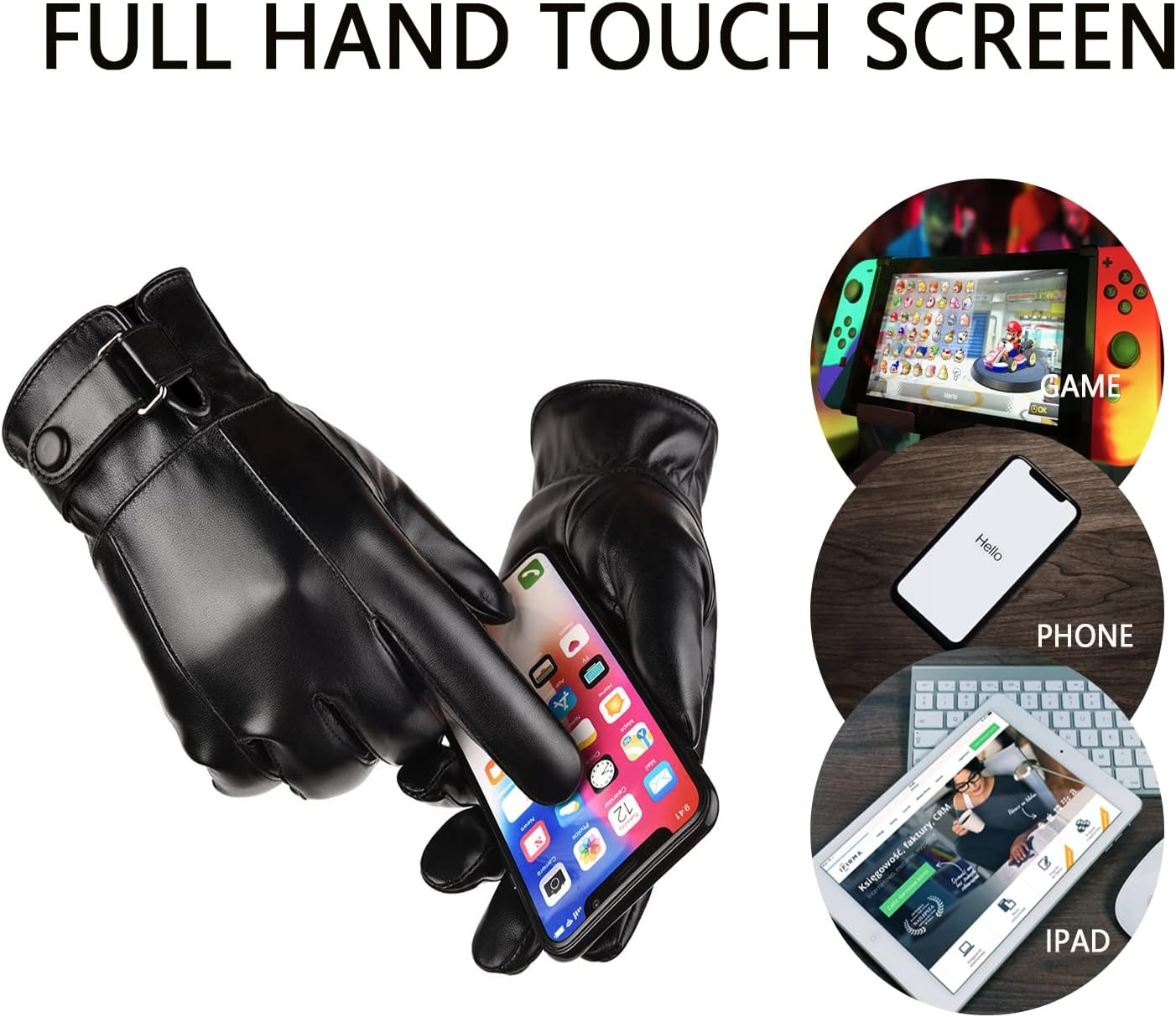 LJCZKA Black PU Leather Winter Gloves for Men, Touch Screen Winter Thermal Gloves Fleece Windproof Texting Driving Cycling image number 5