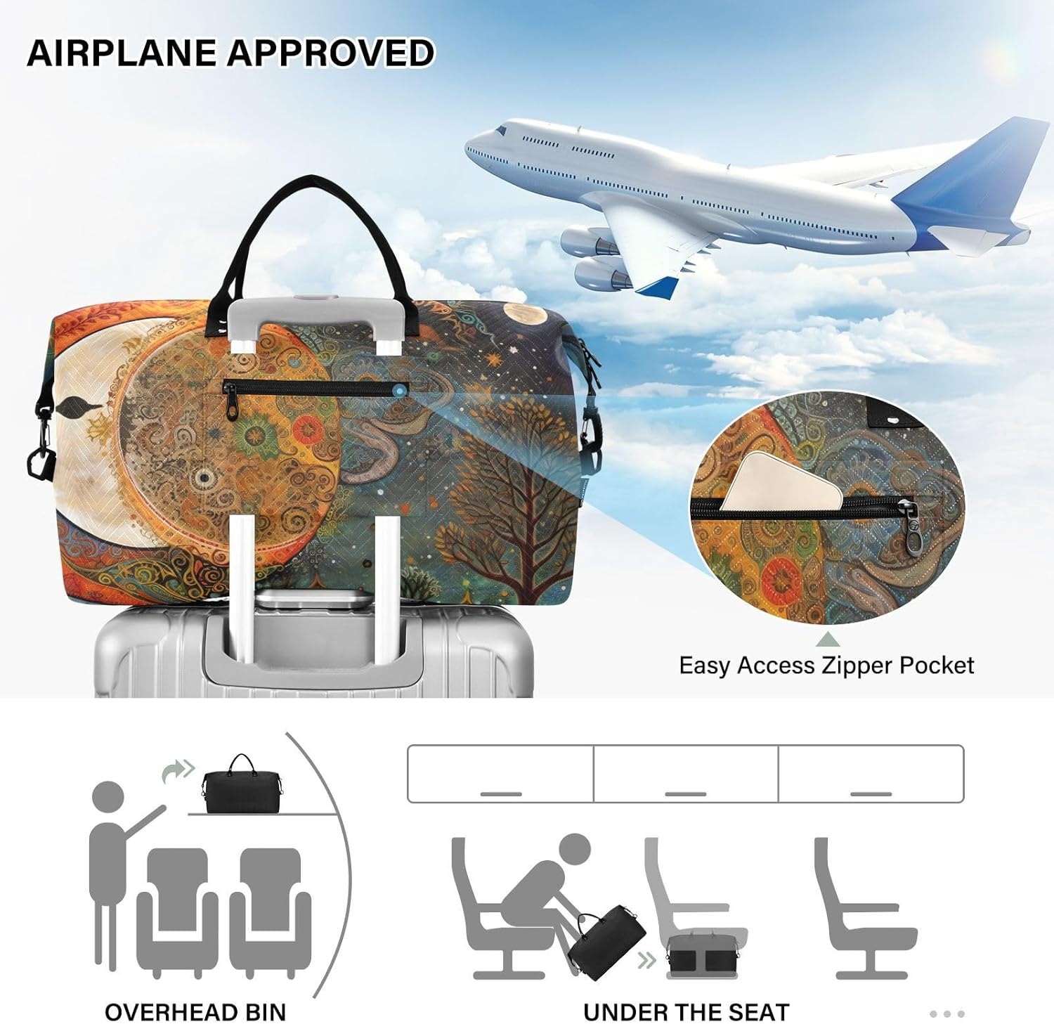 XYMZR Large Travel Duffel Bag, Sun Moon Dreamcatcher Sports Tote Gym Bag, Shoulder Weekender Overnight Bag for Women Men, Carry on Luggage with Toiletry Bags, Multi-Colored, Multi-Colored image number 5