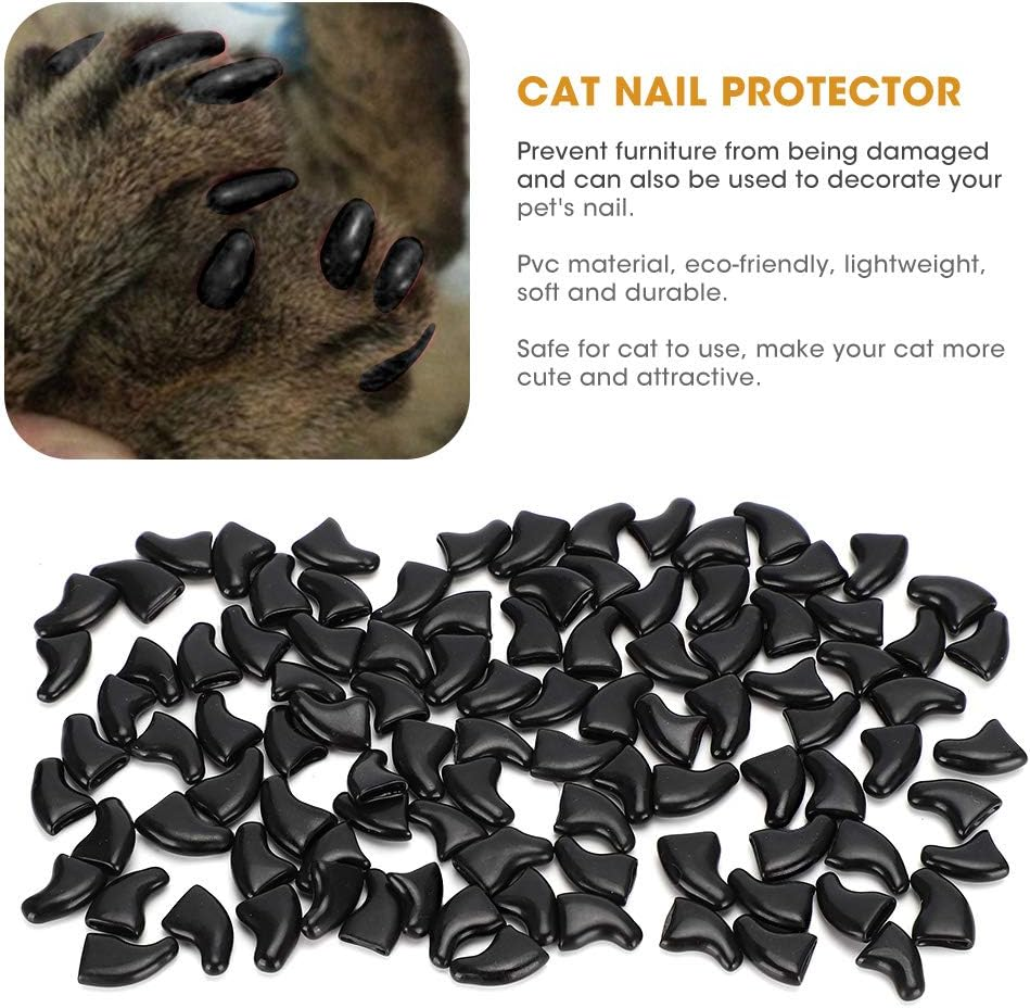 100Pcs Cat Nail Caps, Soft Pet Cat Nail Caps Cover with 5Pcs Adhesive Glue, Kitten Nail Caps Pet Safe anti Scratch Dog Paw Protector Covers for Cats Dogs (Black) image number 1