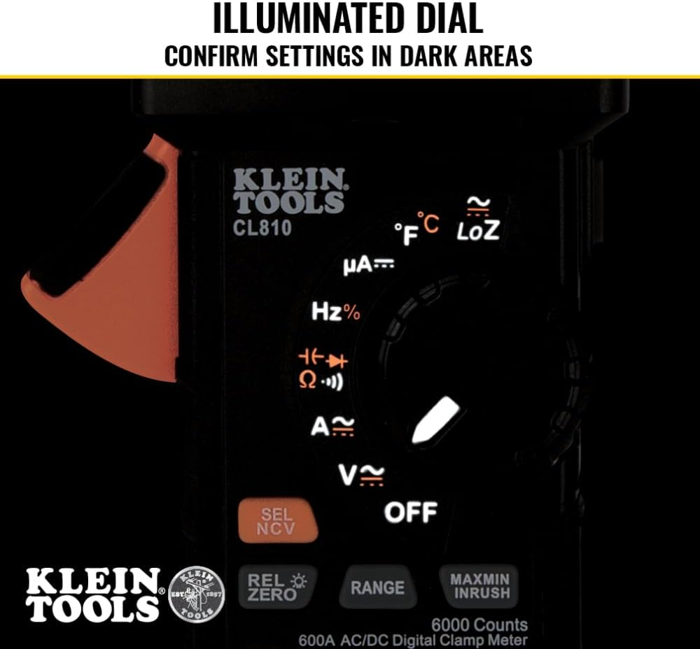 Klein Tools CL810 Pro Digital Clamp Meter, 600A AC/DC Auto-Ranging, True RMS, NCVT, Measures Current, Loz,Temperature, with Flashlight and Illuminated Dial image number 5