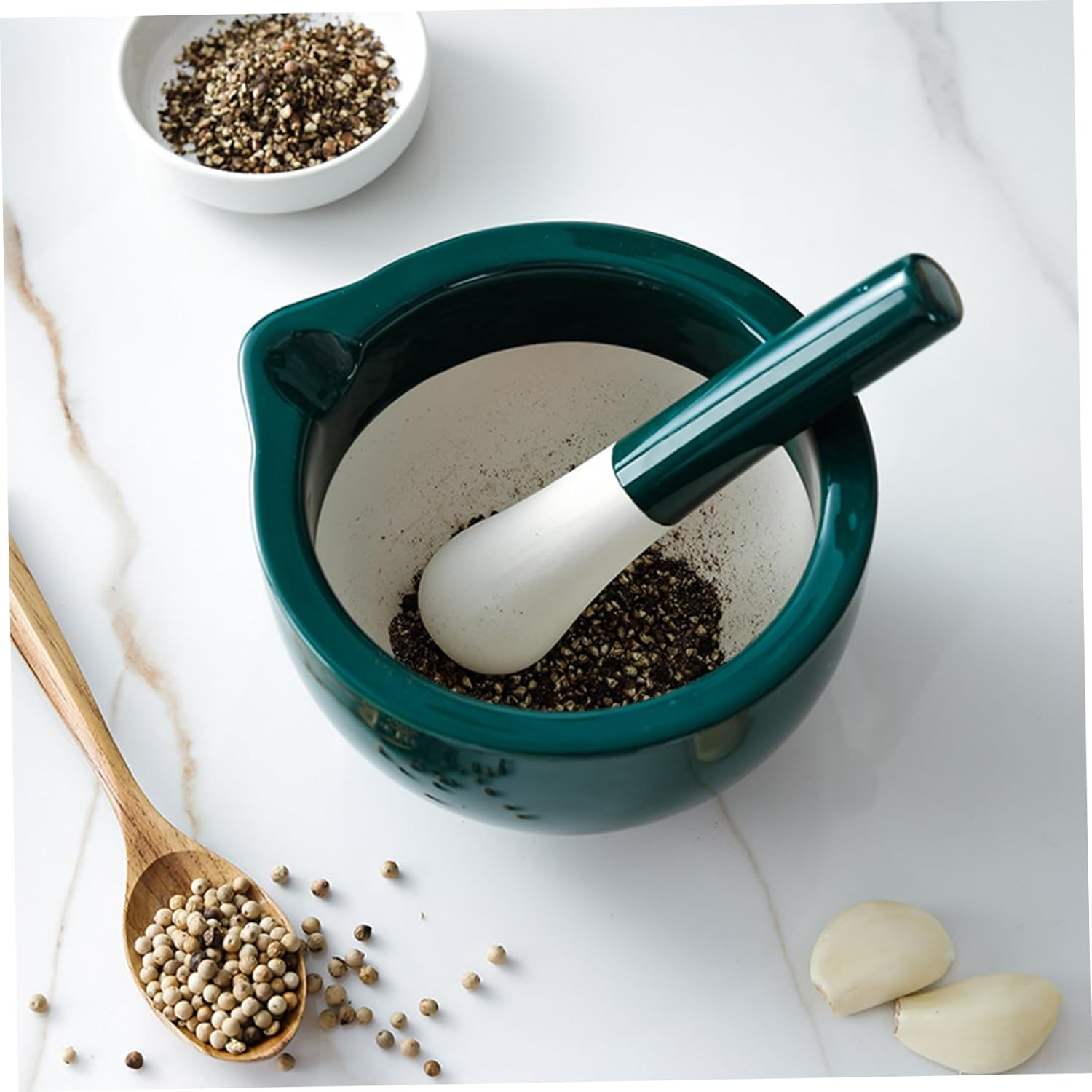 Pestle and Mortar Set Porcelain Spice Grinder Kitchen Manual Herb Grinder Pill Crusher Grinding Bowls for Paste Garlic Ginger Dark Green image number 2