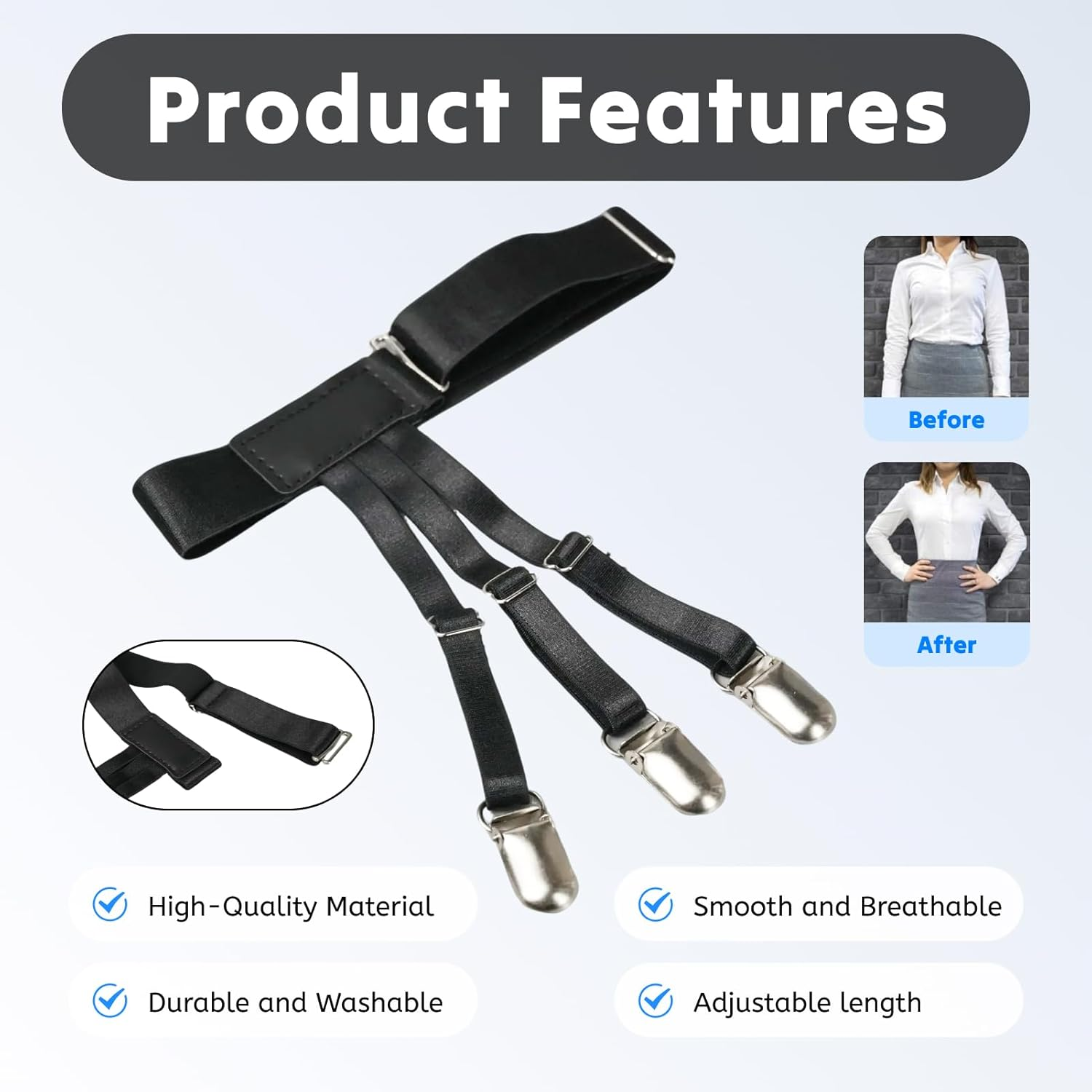 Fortuneglobe 2-Pack Adjustable Shirt Garters &ndash; Elastic Military Shirt Holders with Non-Slip Steel Clamps image number 4